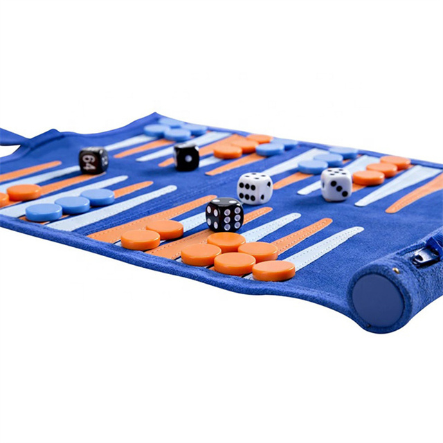 Faux Suede Backgammon Roll Up with Acrylic Checkers Blue Orange Points