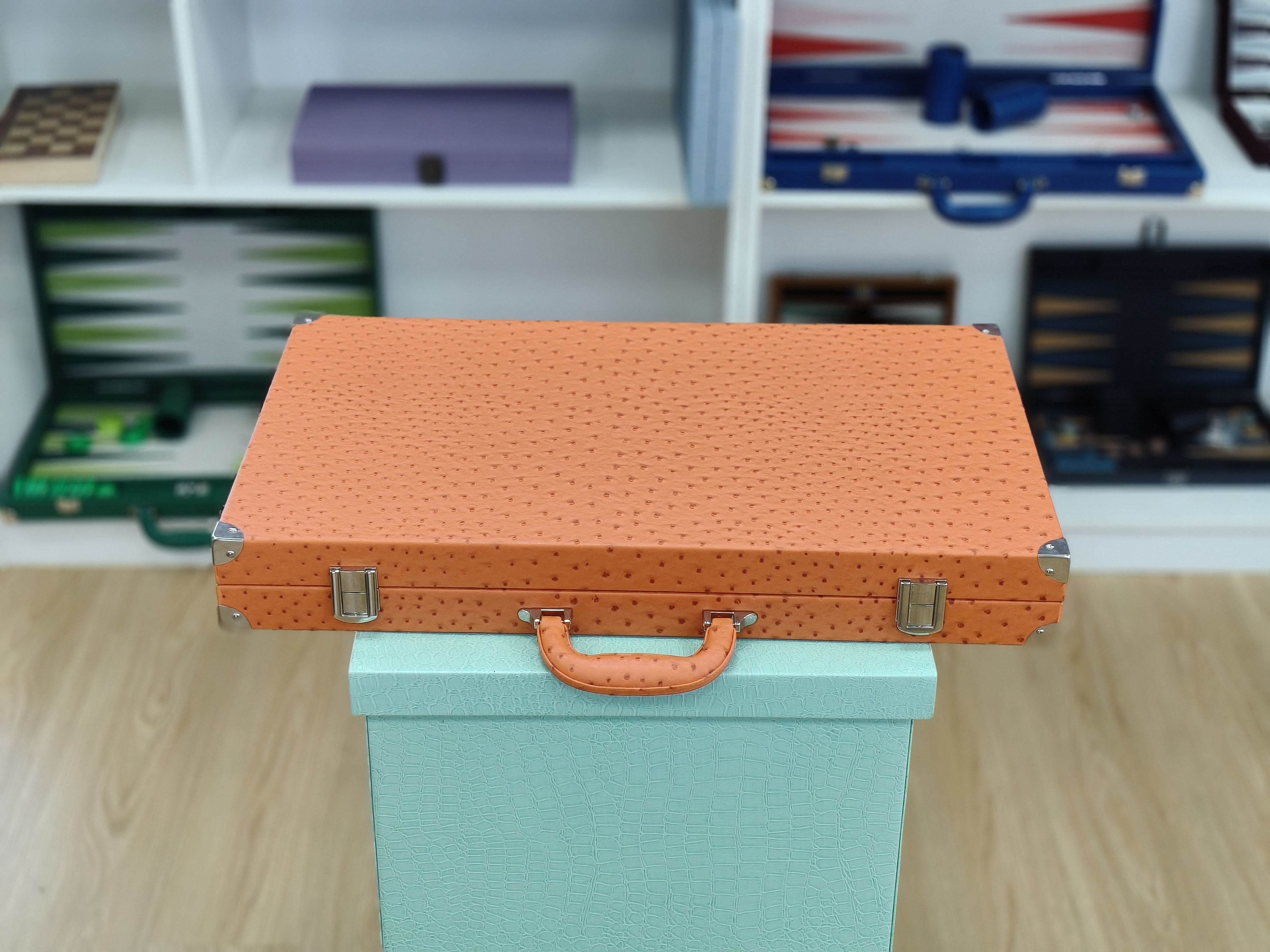 Orange Ostrich Texture Backgammon Set with Green Playing Field | Custom Gift & OEM Solution