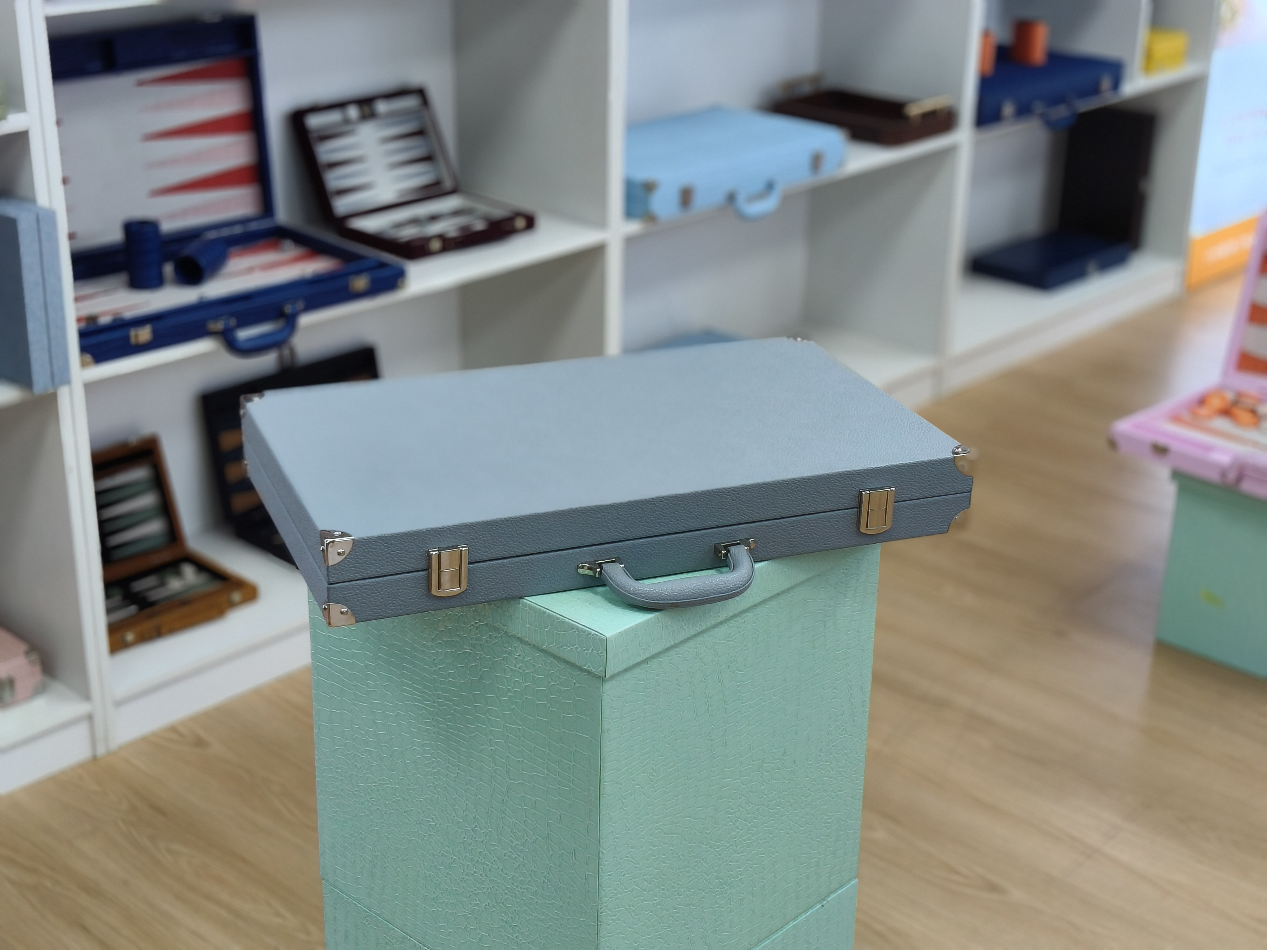 Minimalist Grey Leather Backgammon Set with Classic Blue Points | OEM Board Game Manufacturer