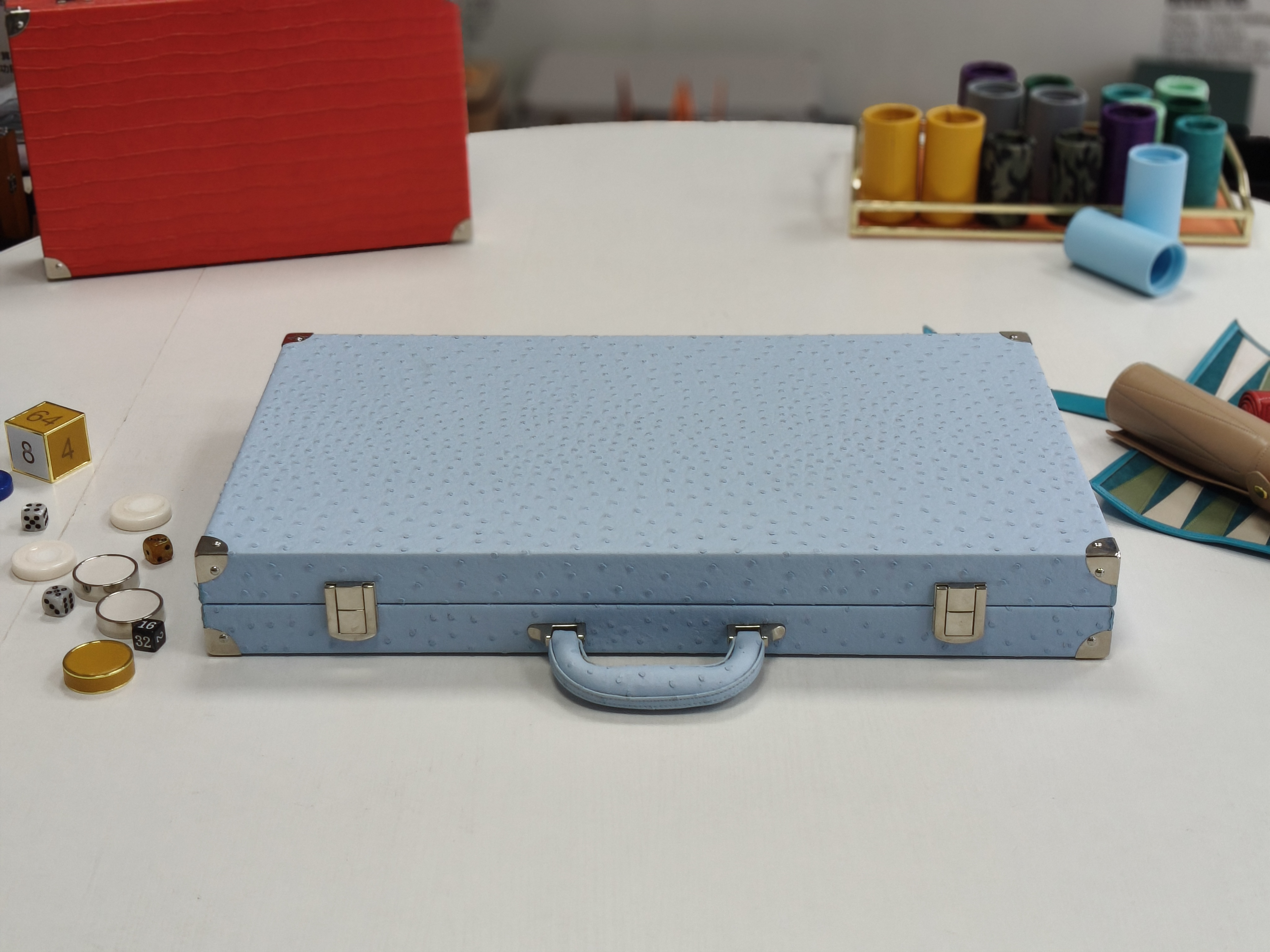 Premium Portable Backgammon Board with Blue Ostrich Texture Leather Complete Accessories And Elegant Suitcase Design.