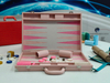 Pink leather backgammon set with lizard pattern folding portable case gift style