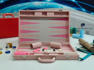 Pink leather backgammon set with lizard pattern folding portable case gift style