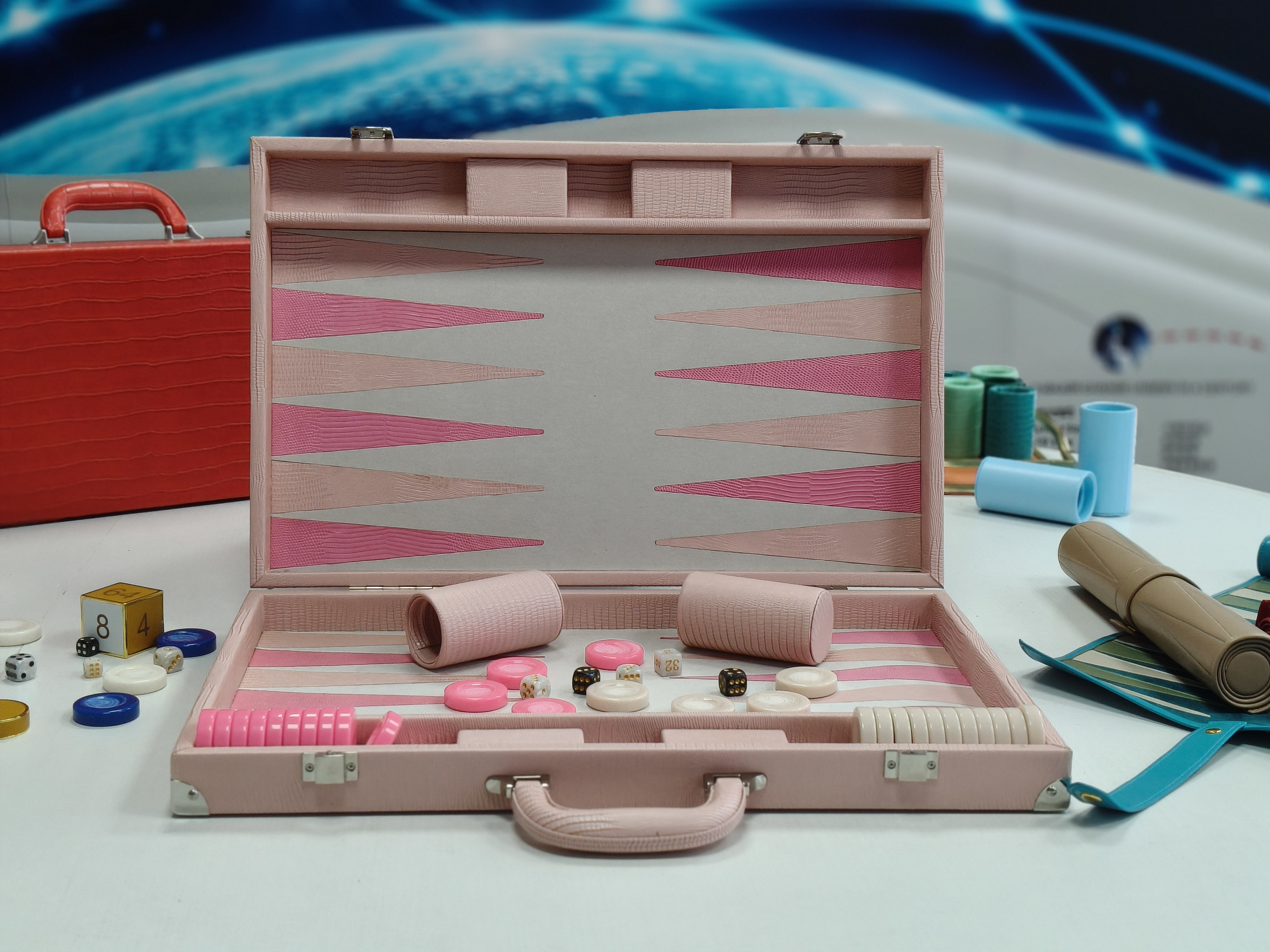 Pink leather backgammon set with lizard pattern folding portable case gift style