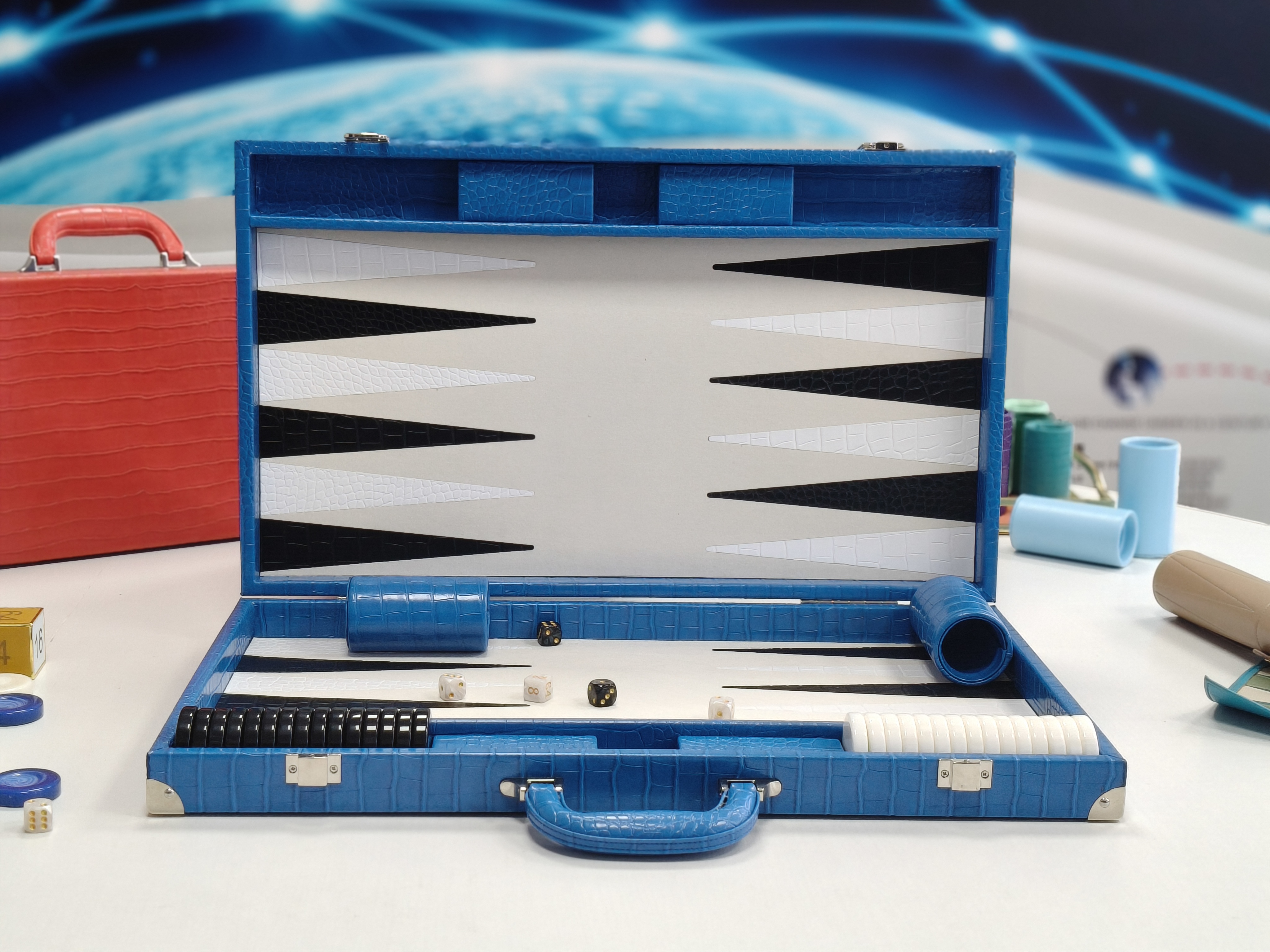 Professional folding backgammon board with smooth playing surface and chips storage