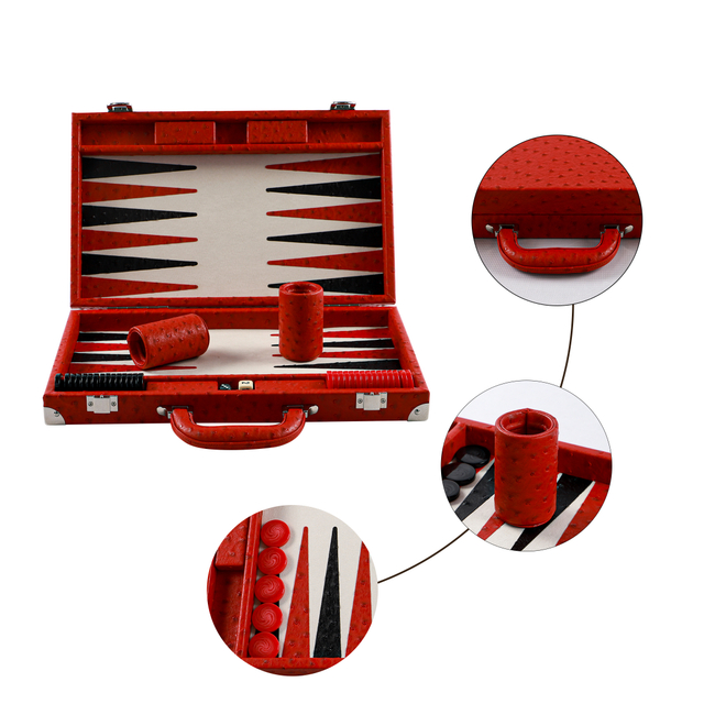 Red ostrich vegan leather 23 inch travel backgammon set