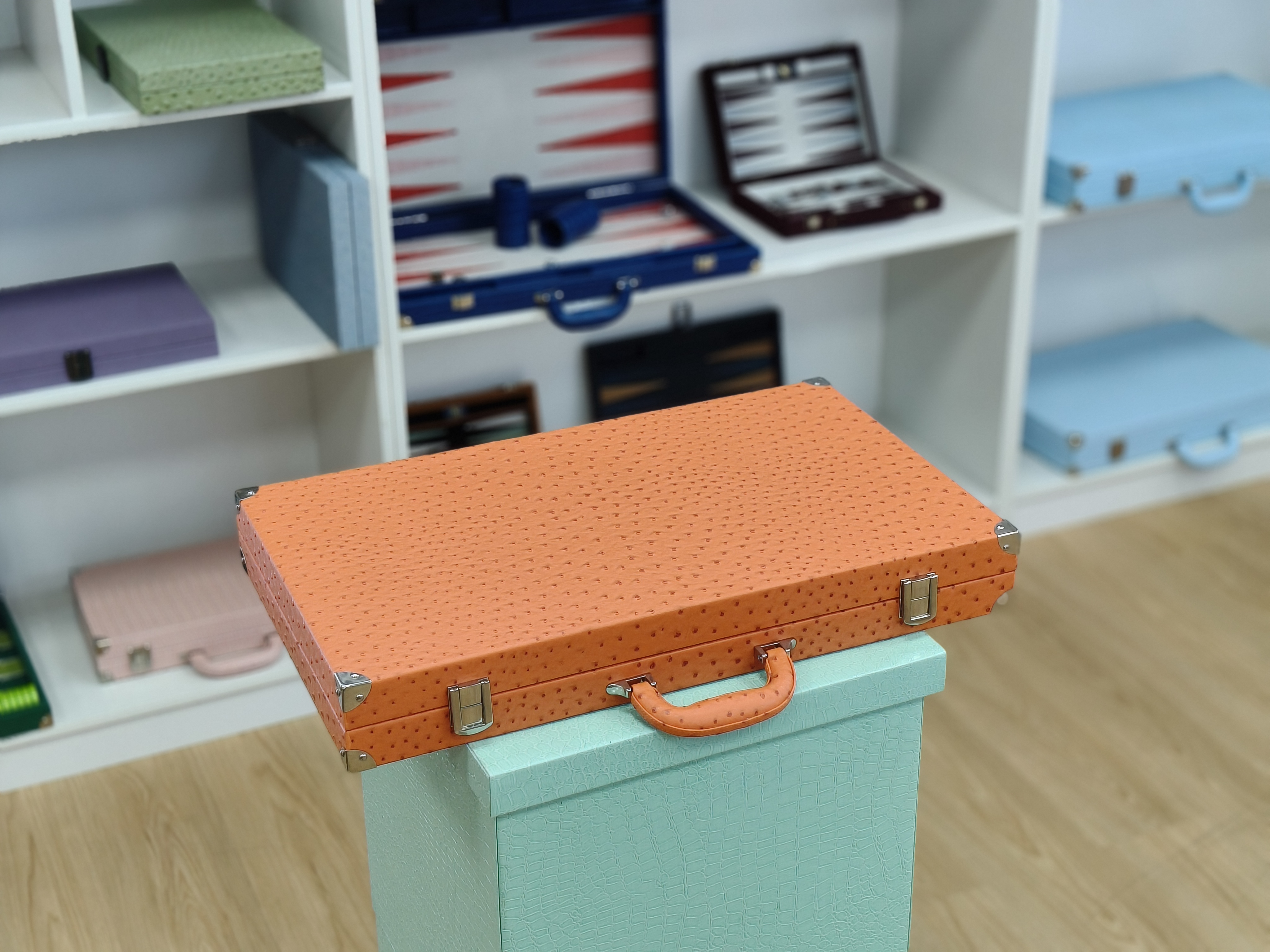 Orange Ostrich Texture Backgammon Set with Green Playing Field | Custom Gift & OEM Solution