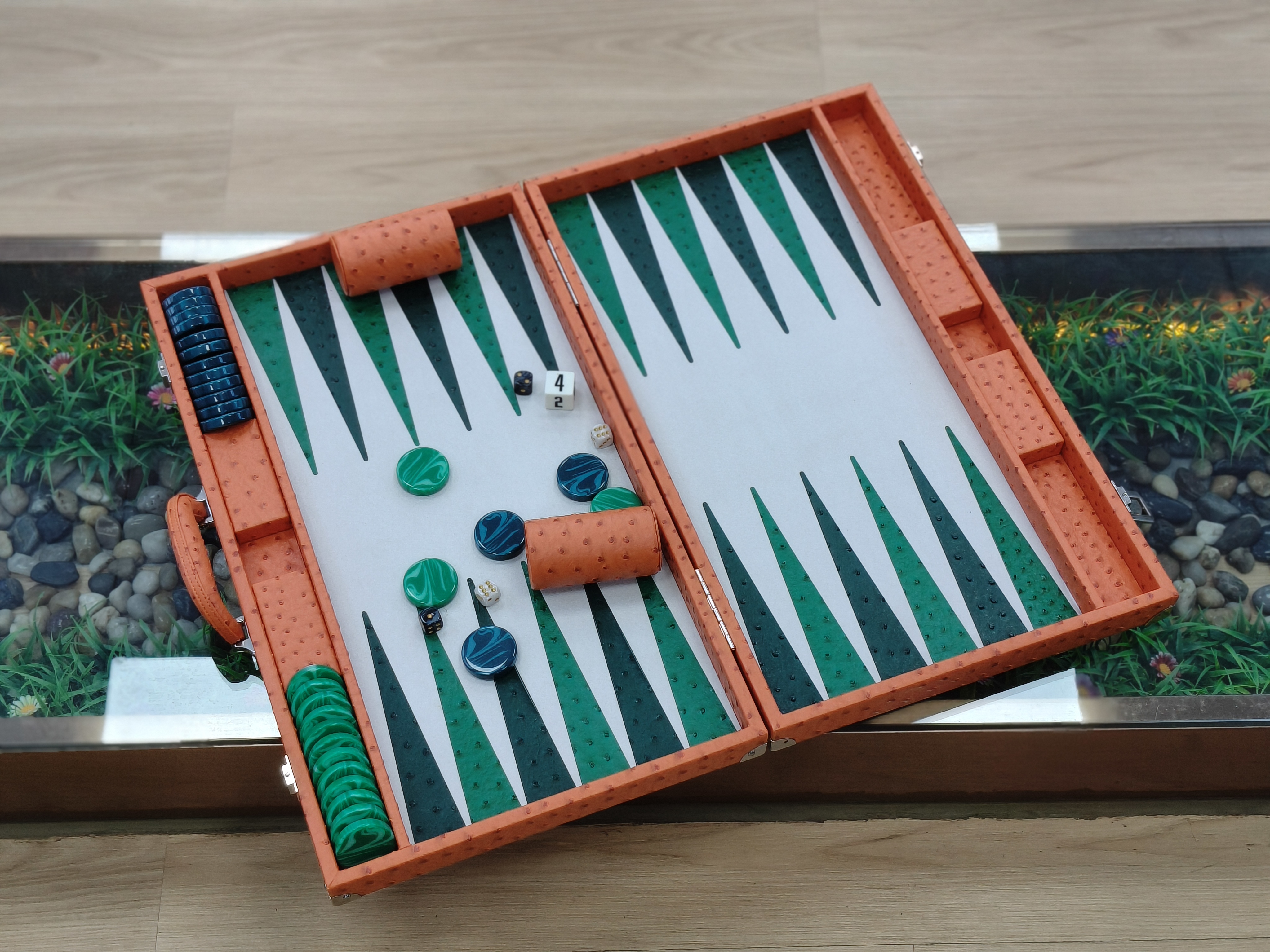 Orange Ostrich Texture Backgammon Set with Green Playing Field | Custom Gift & OEM Solution