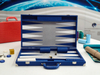 blue PU leather backgammon board game case modern design