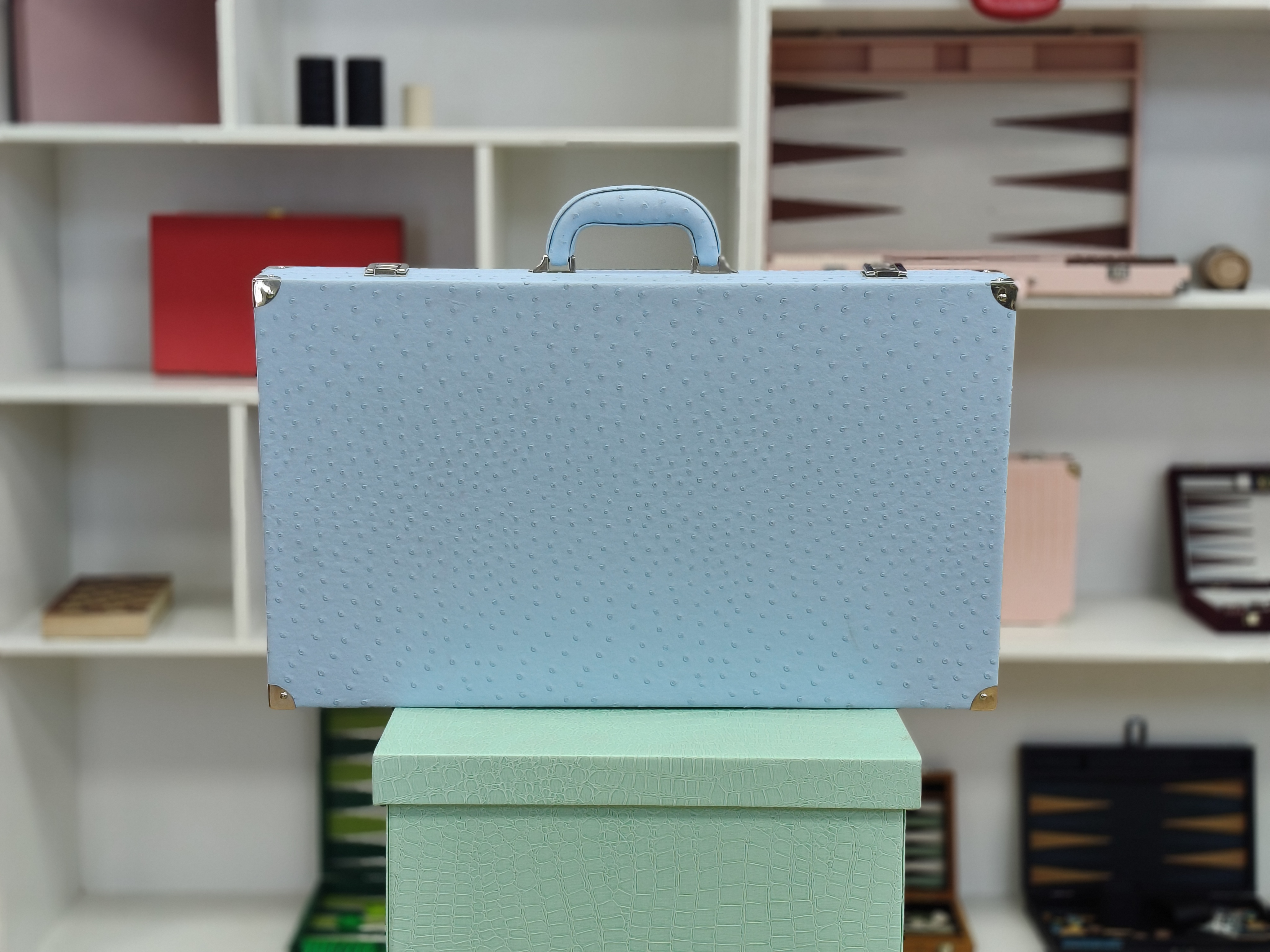 Premium Portable Backgammon Board with Blue Ostrich Texture Leather Complete Accessories And Elegant Suitcase Design.