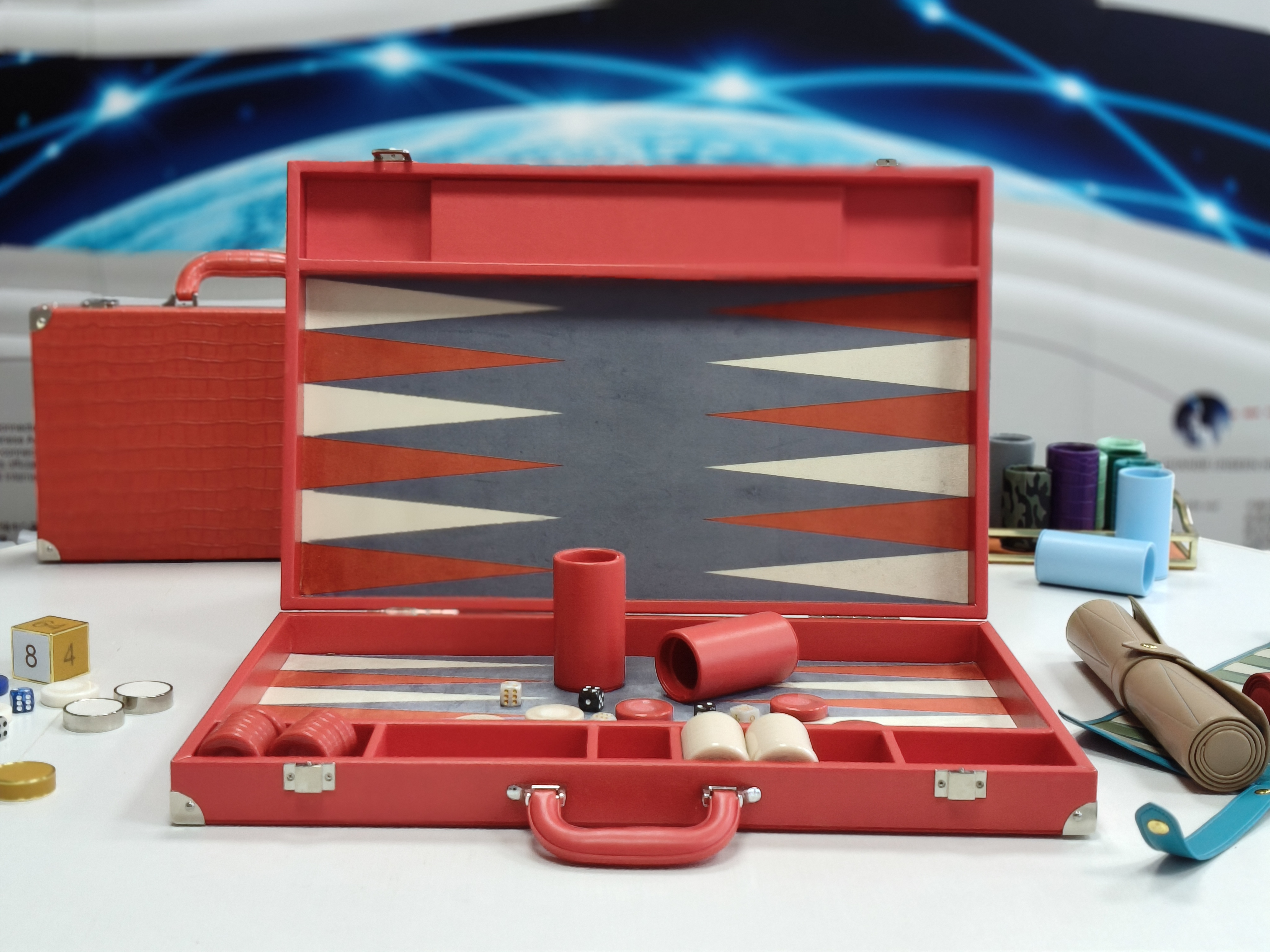 red ostrich texture backgammon set