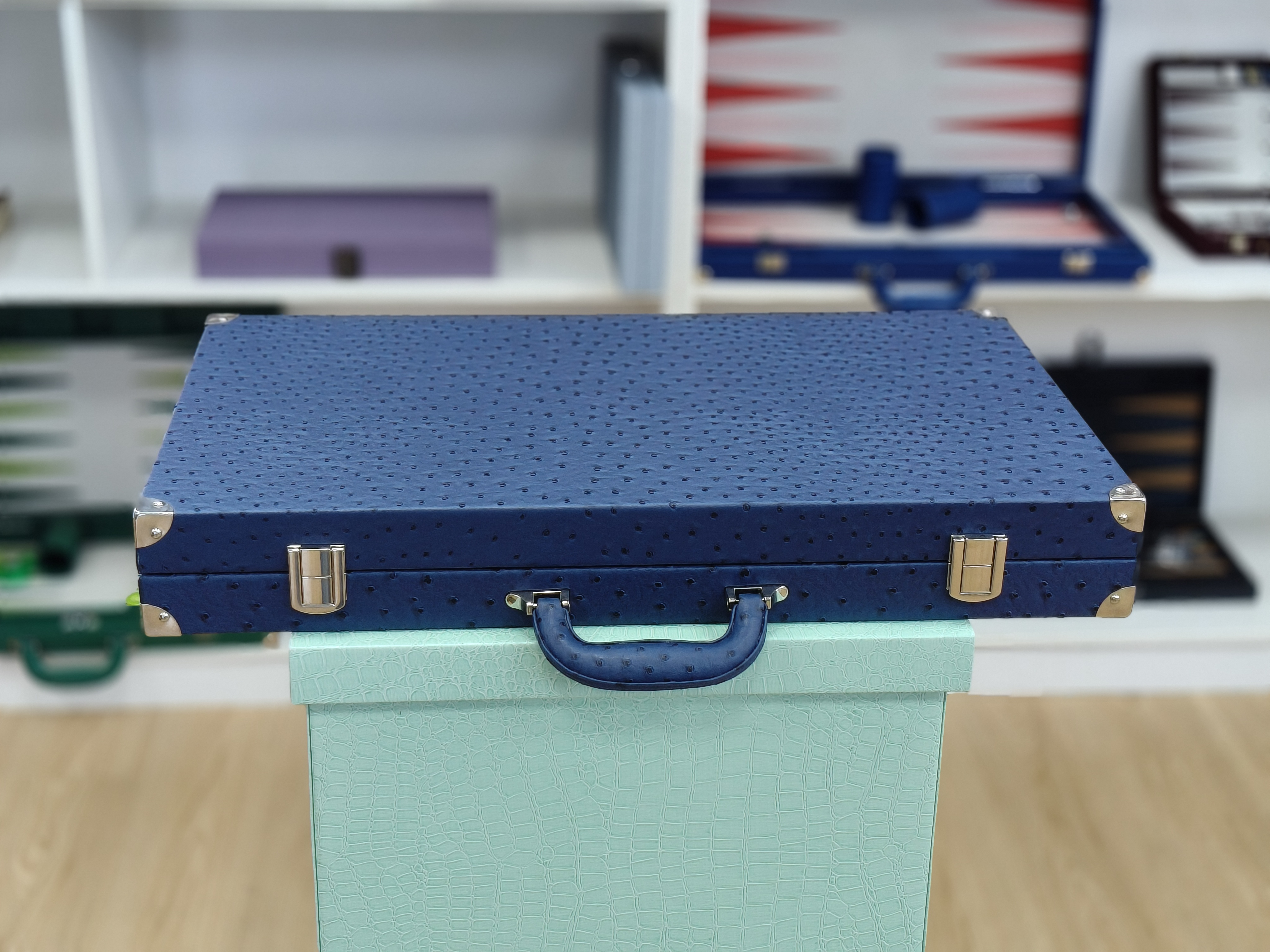 Navy Blue Ostrich-Embossed Leather Backgammon Set - Luxury Handcrafted Folding Board for Corporate Gifts