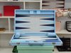 Premium Portable Backgammon Board with Blue Ostrich Texture Leather Complete Accessories And Elegant Suitcase Design.