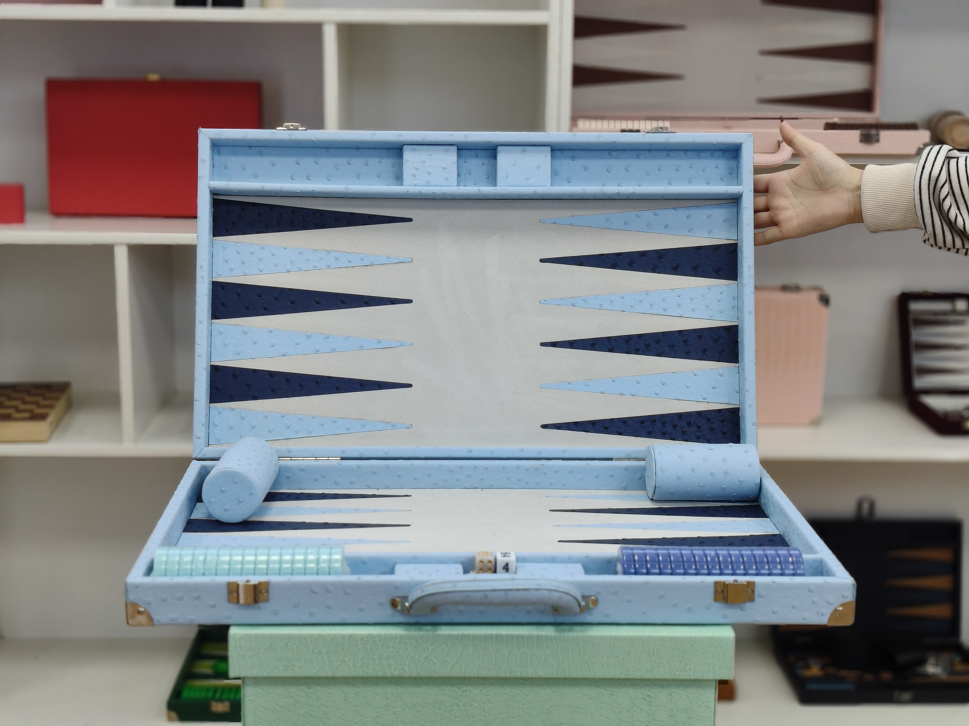 Premium Portable Backgammon Board with Blue Ostrich Texture Leather Complete Accessories And Elegant Suitcase Design.