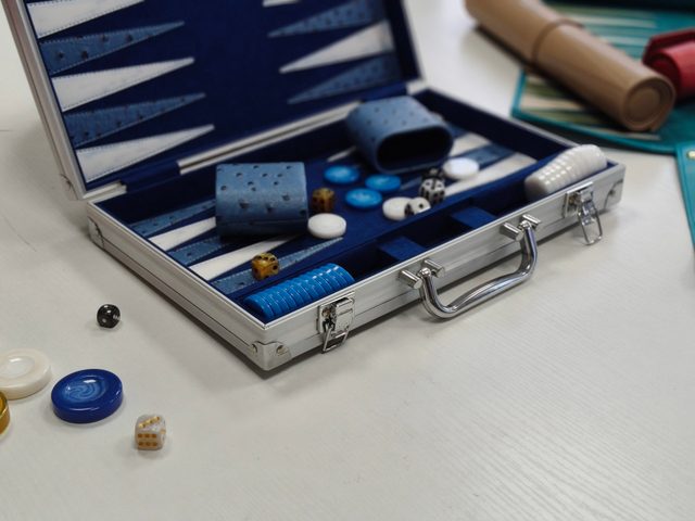Portable aluminum frame backgammon set with folding board and smooth playing surface