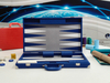blue and white backgammon set with PU leather and playing surface