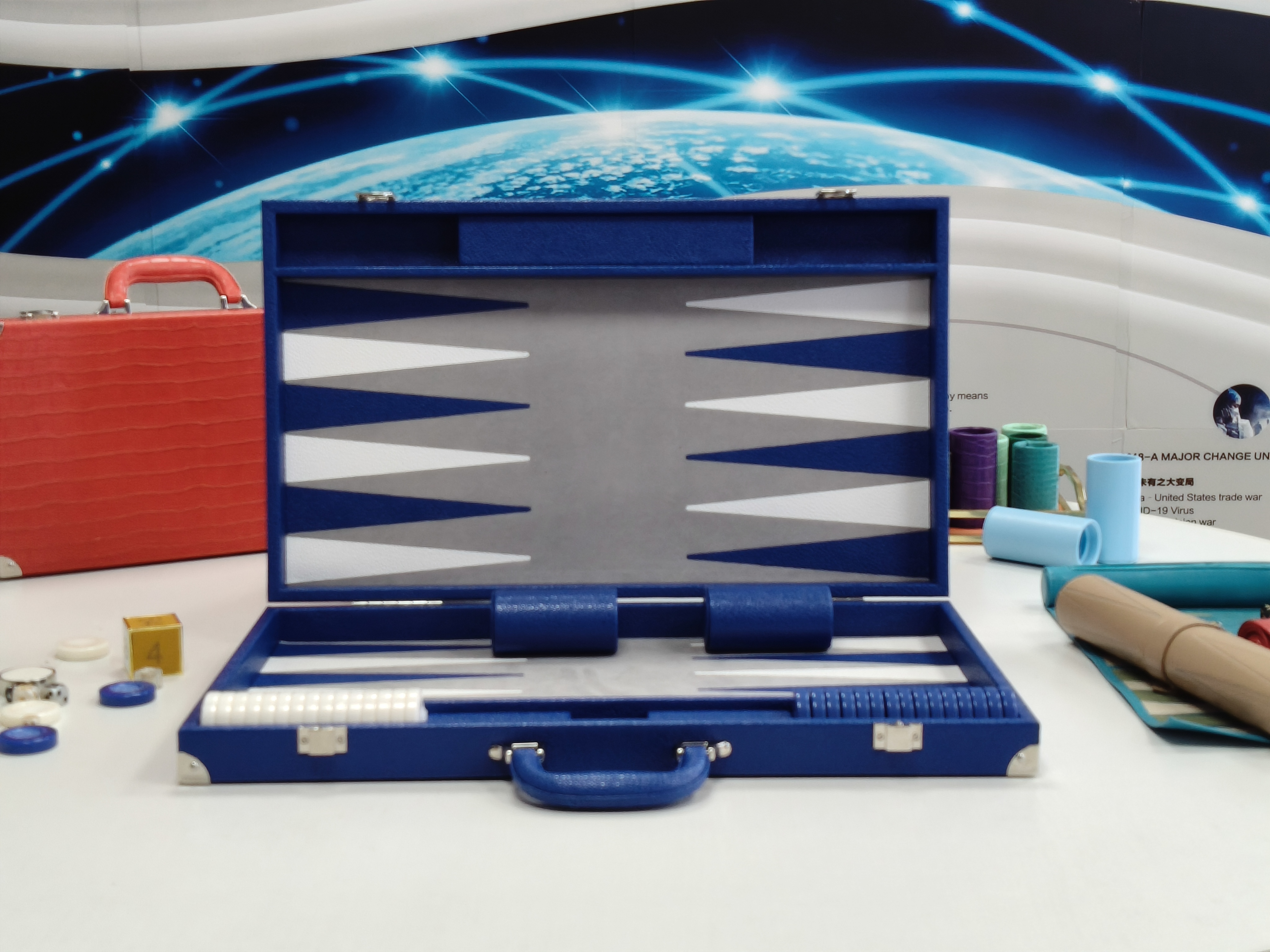 blue and white backgammon set with PU leather and playing surface
