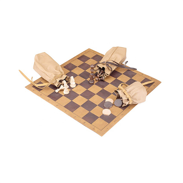 Leather Roll Up Chess Set with Wooden Chips and Carrying Strap