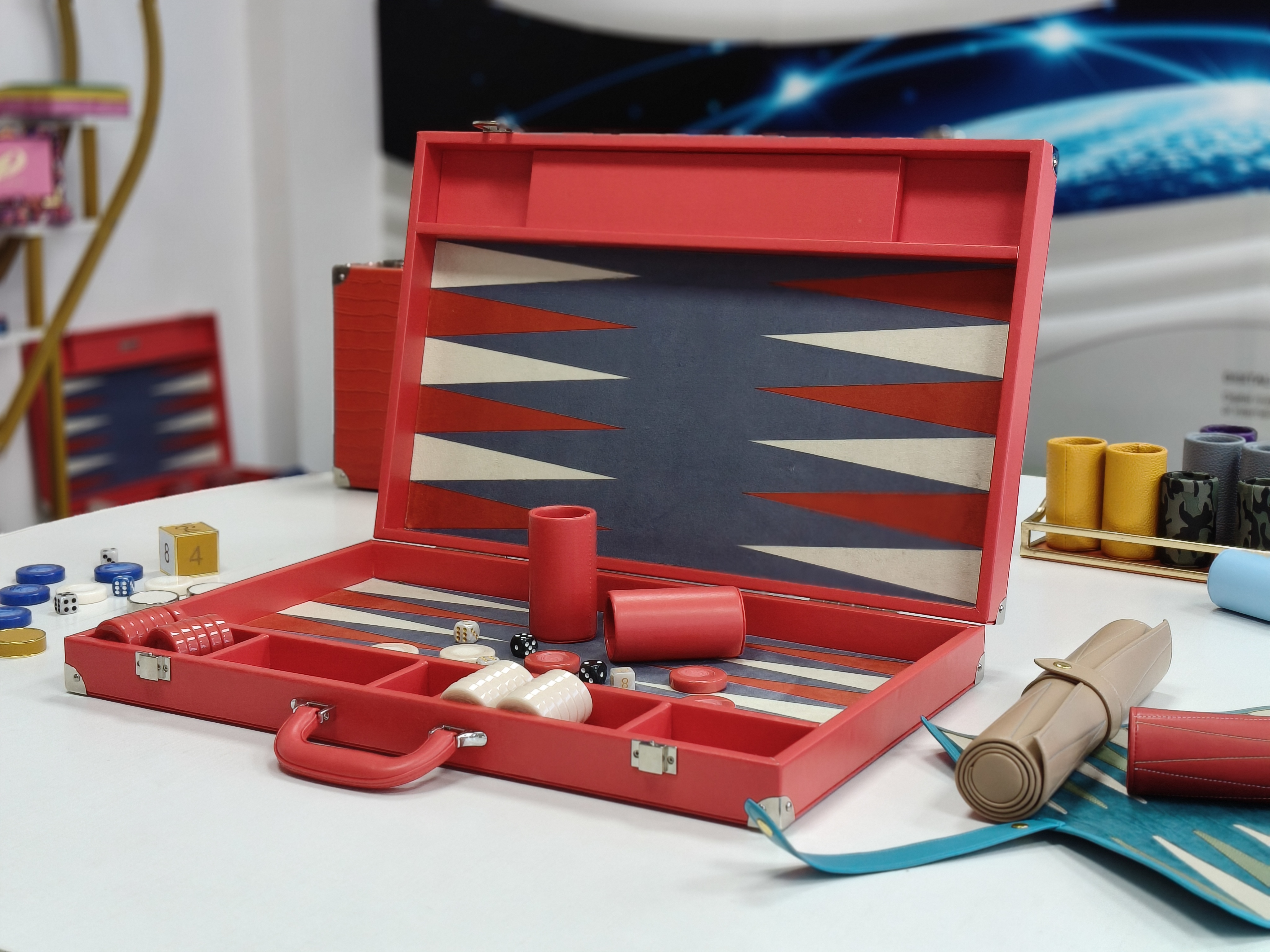 Luxury Red Ostrich Texture Backgammon Set with Classic Black & Ivory Board