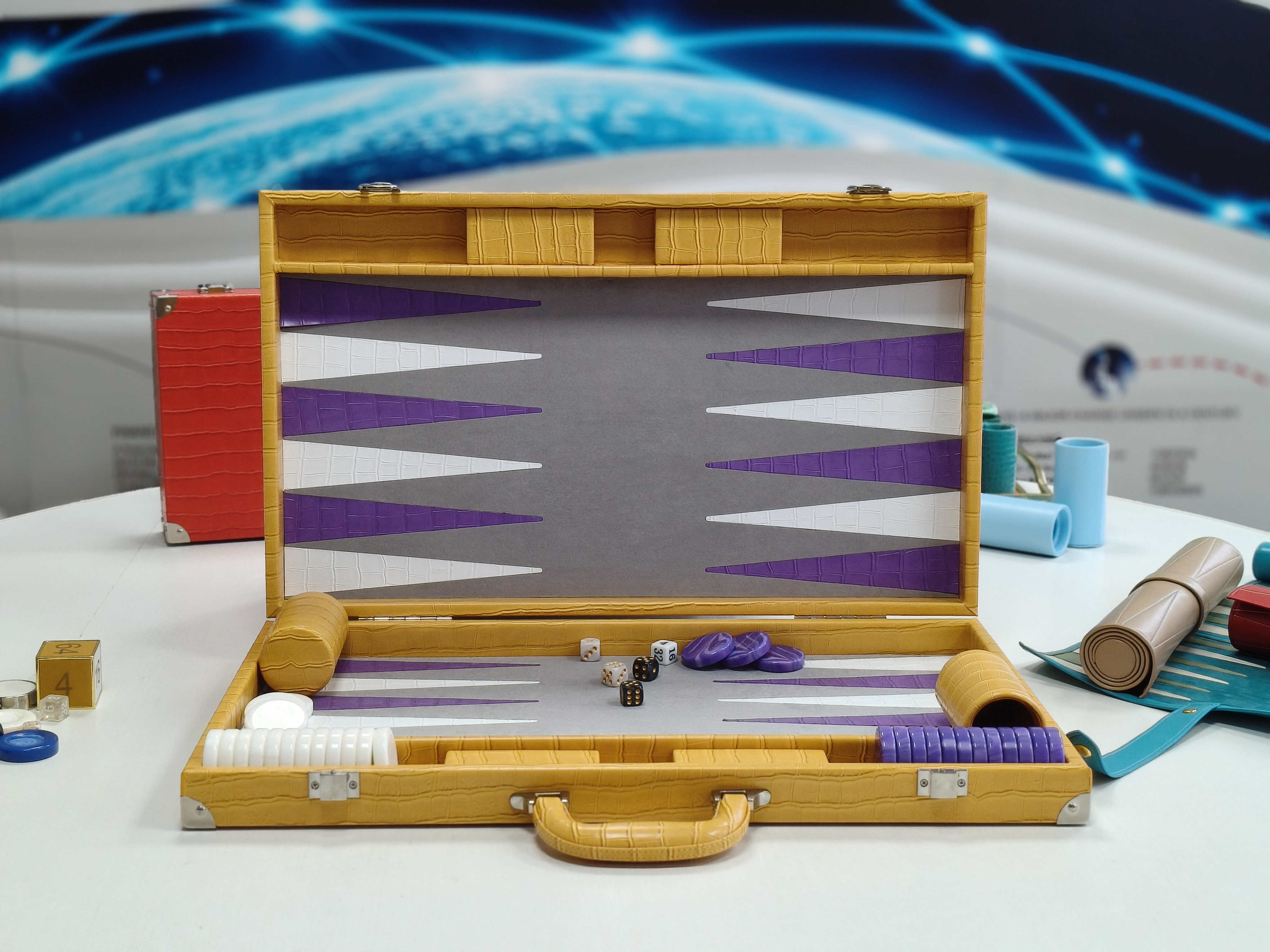 portable backgammon suitcase board with handle and metal lock