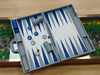 Minimalist Grey Leather Backgammon Set with Classic Blue Points | OEM Board Game Manufacturer