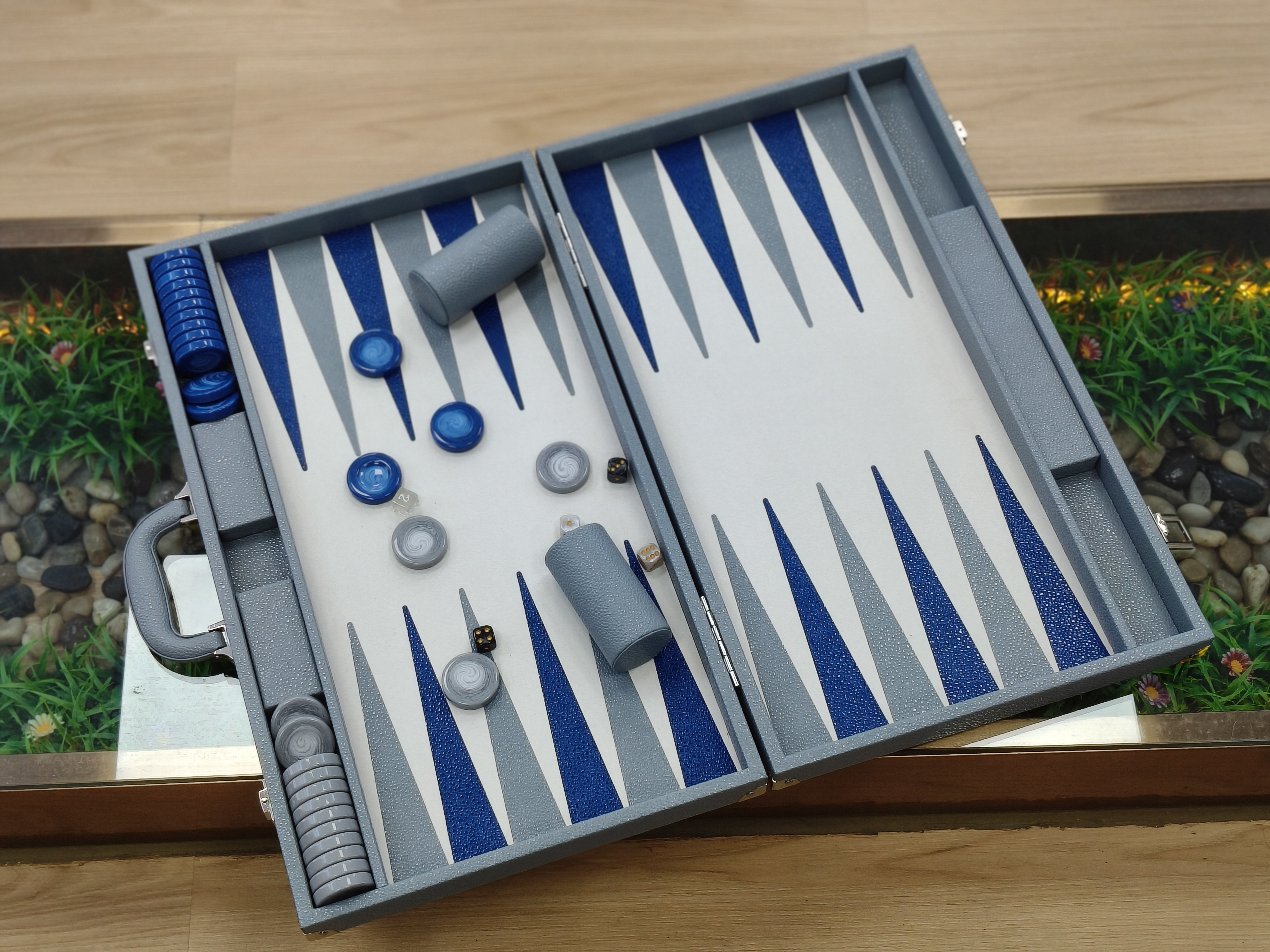 Minimalist Grey Leather Backgammon Set with Classic Blue Points | OEM Board Game Manufacturer