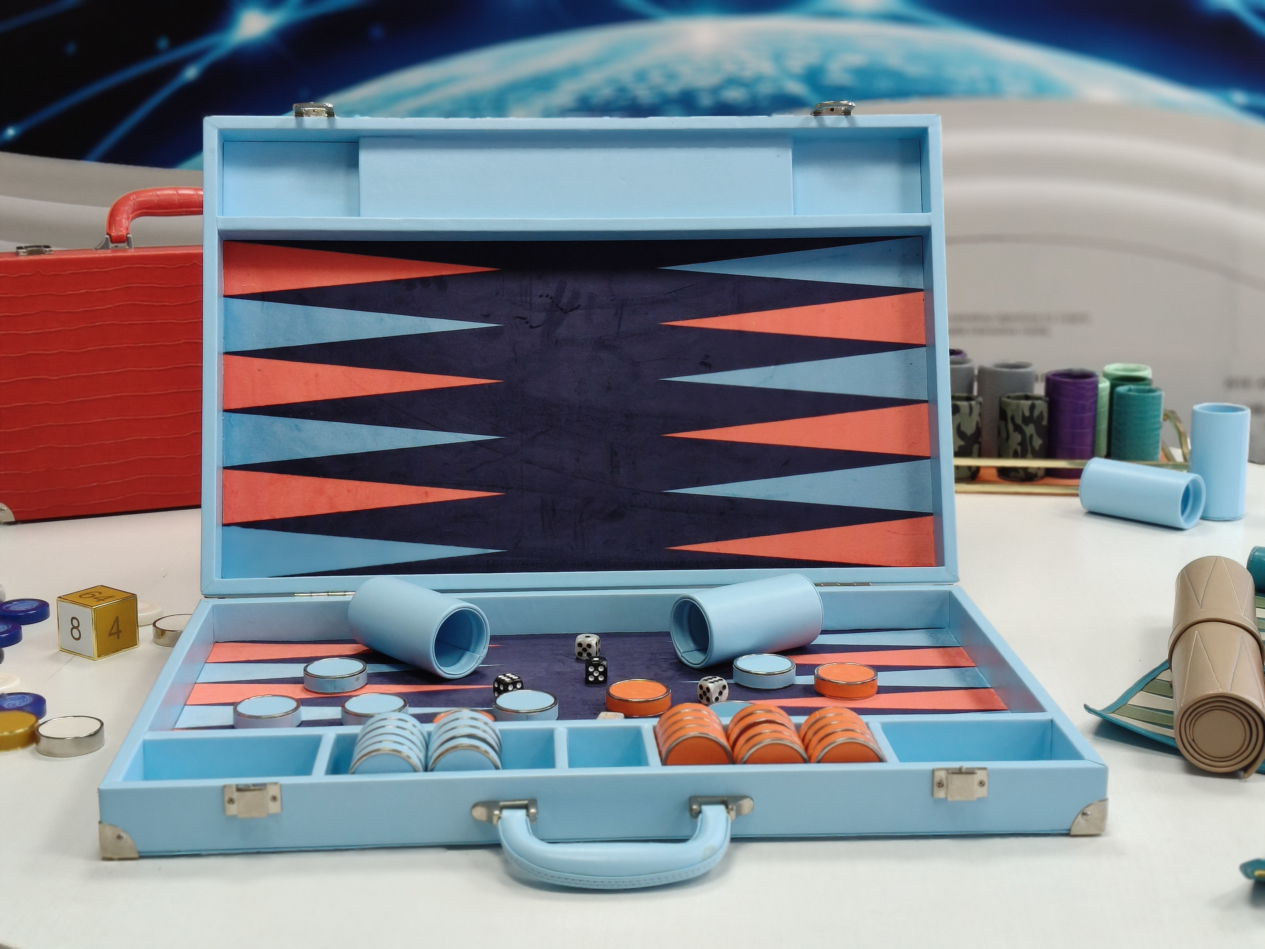 colorful backgammon set open with contrast board design