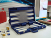 Luxury Custom PU Leather Backgammon Board Game Case with Handle Modern Blue Grey Design OEM Supplier