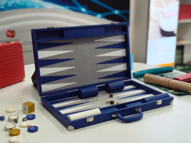 blue PU leather backgammon board game case modern design
