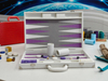 white leather backgammon set with purple playing points suitcase style board