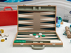 green leather travel backgammon set suitcase style portable board game