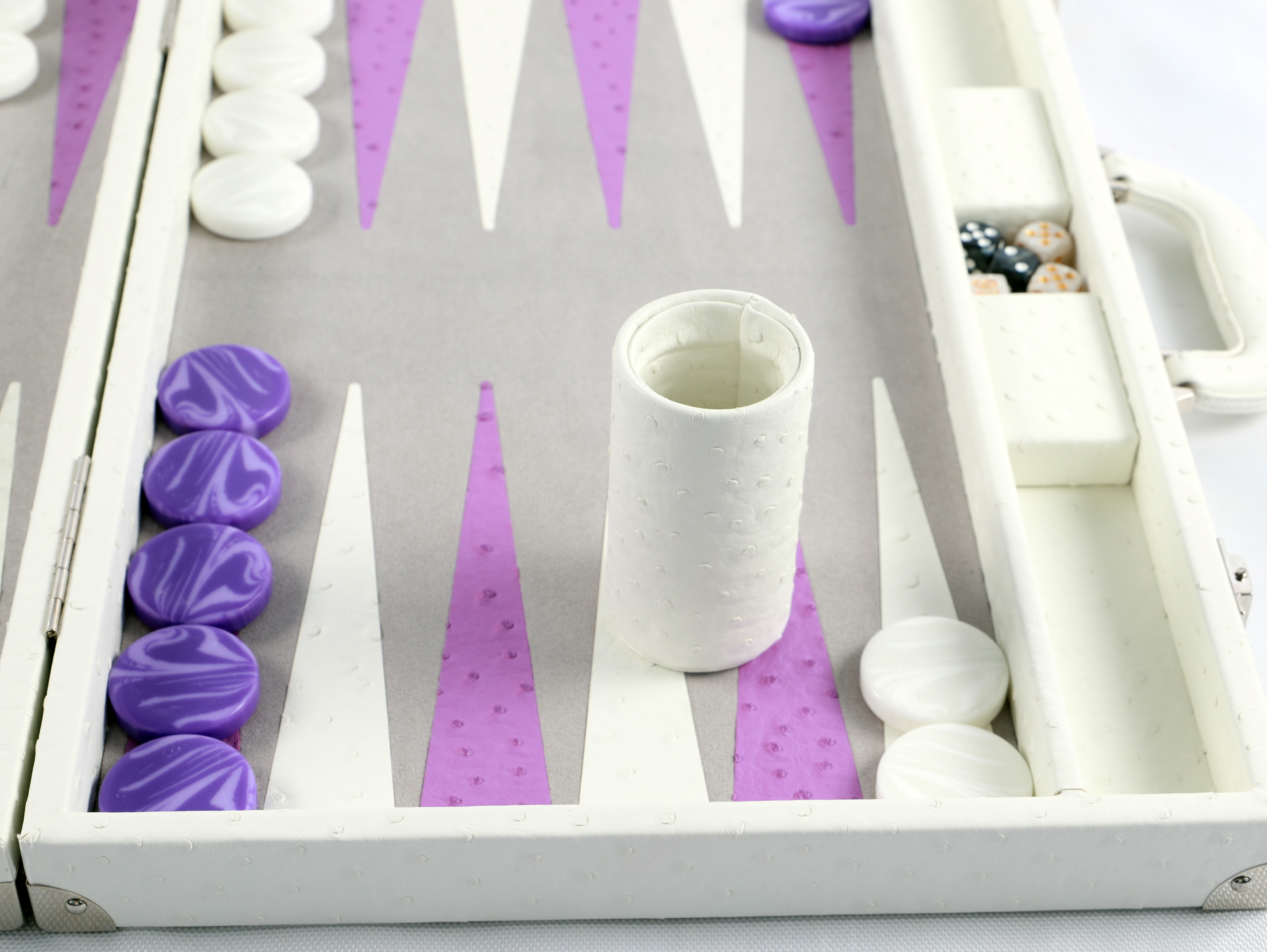 2025 newly designed backgammon board draws inspiration from the creamy hue of ostrich-patterned vegan leather.