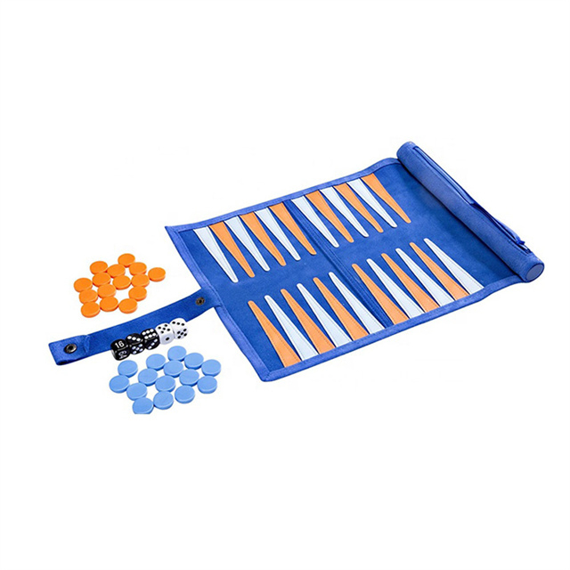 Faux Suede Backgammon Roll Up with Acrylic Checkers Blue Orange Points