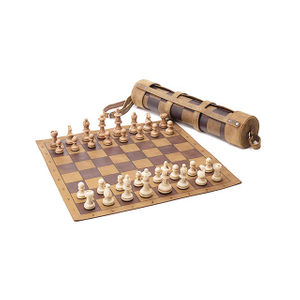 Leather Roll Up Chess Set with Wooden Chips and Carrying Strap