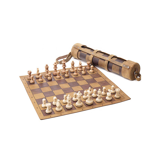 Leather Roll Up Chess Set with Wooden Chips and Carrying Strap