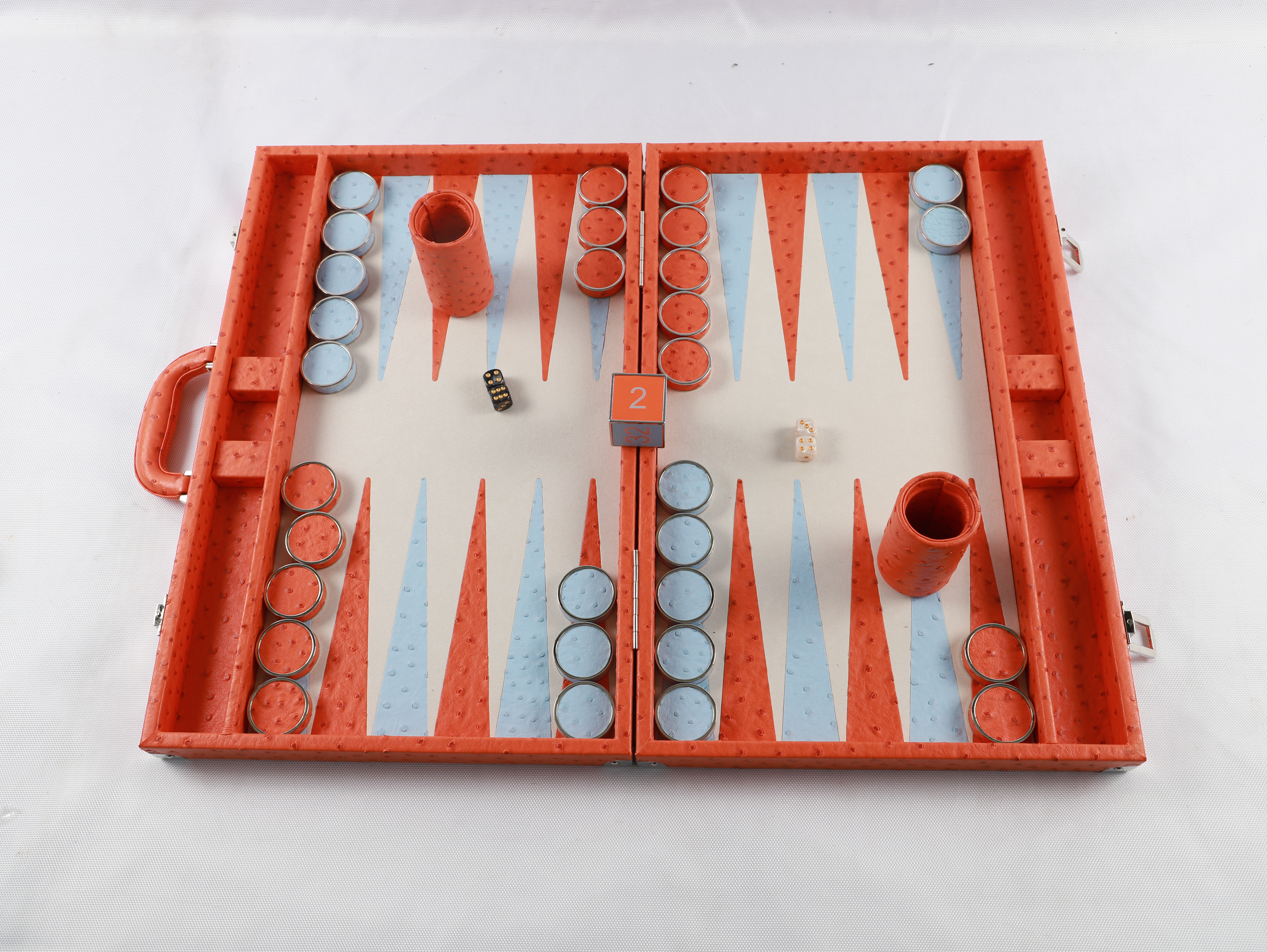 Backgammon Set with Ostrich Pattern And Premium Checkers And Dice Leather Folding Backgammon Board