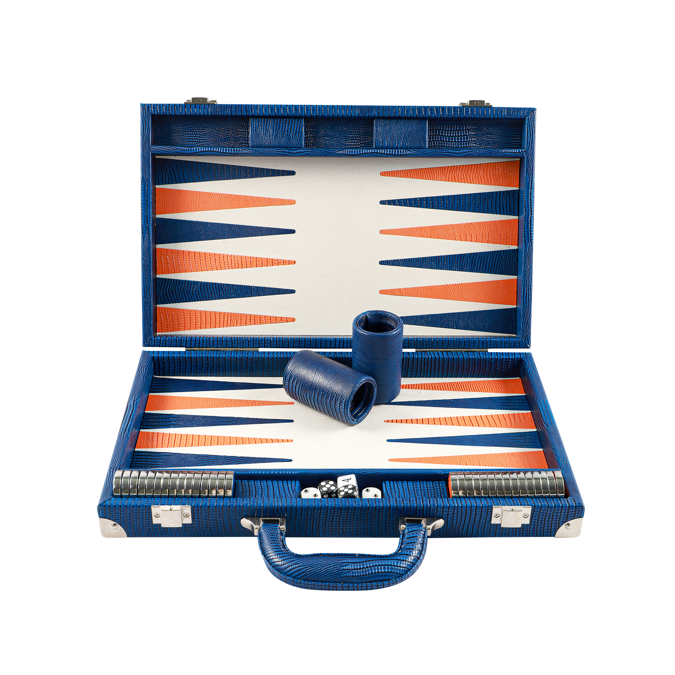 Folding backgammon board with metal dice cups