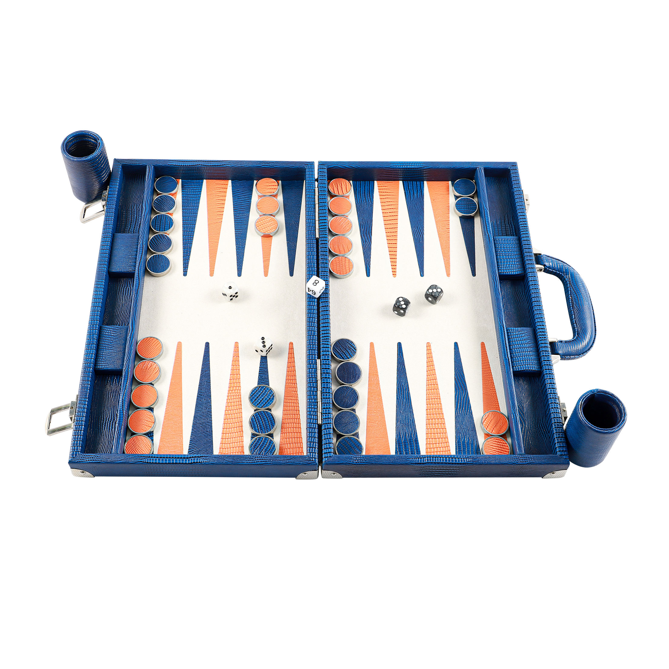 Luxury Blue PU Leather Backgammon Board Set With Handle And Metal Checkers