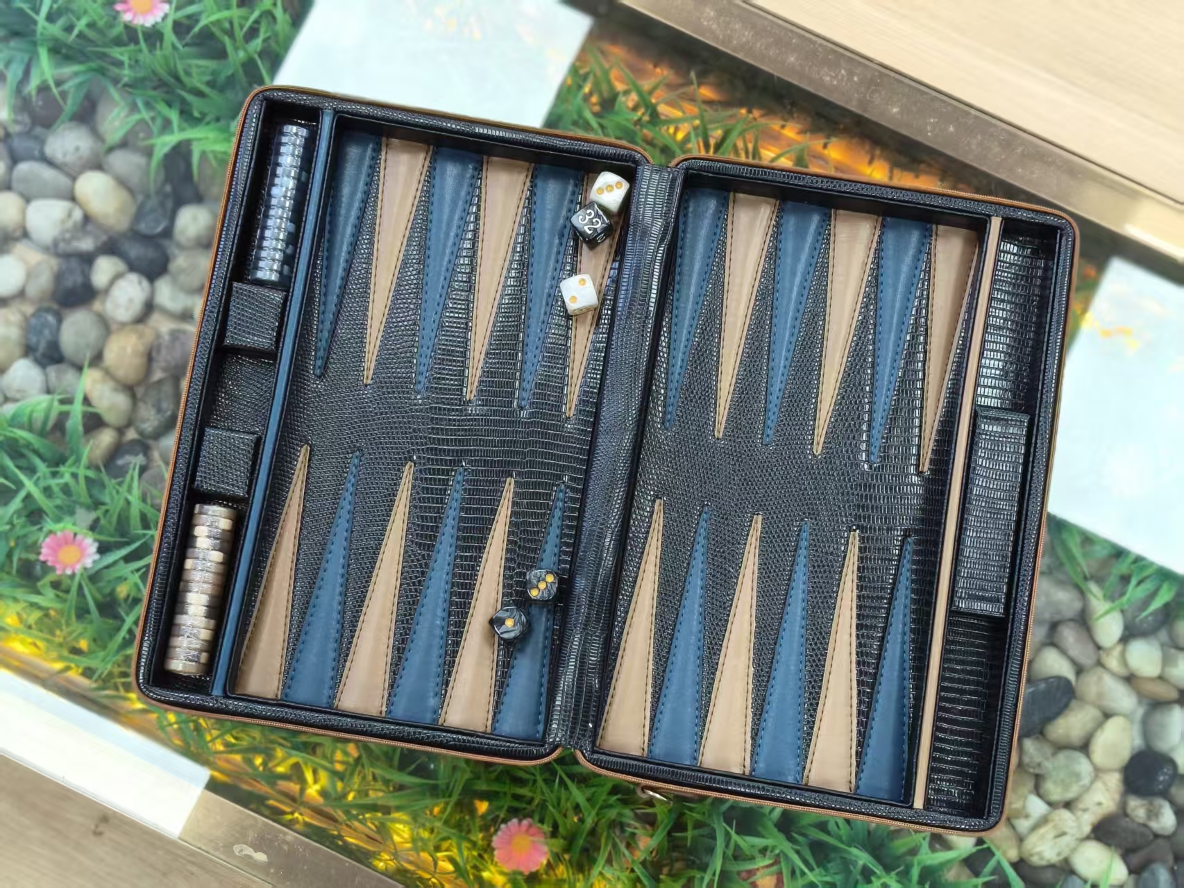 Slim Travel Backgammon Set Leather Zipper Case Portable Folding Game Kit for Business Trips - 16Inch