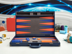 modern blue leather backgammon set with orange and navy playing field OEM supplier