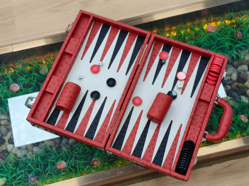 Custom PU Leather Backgammon Set Luxury Board Game Case with Handle Red Black Classic Design