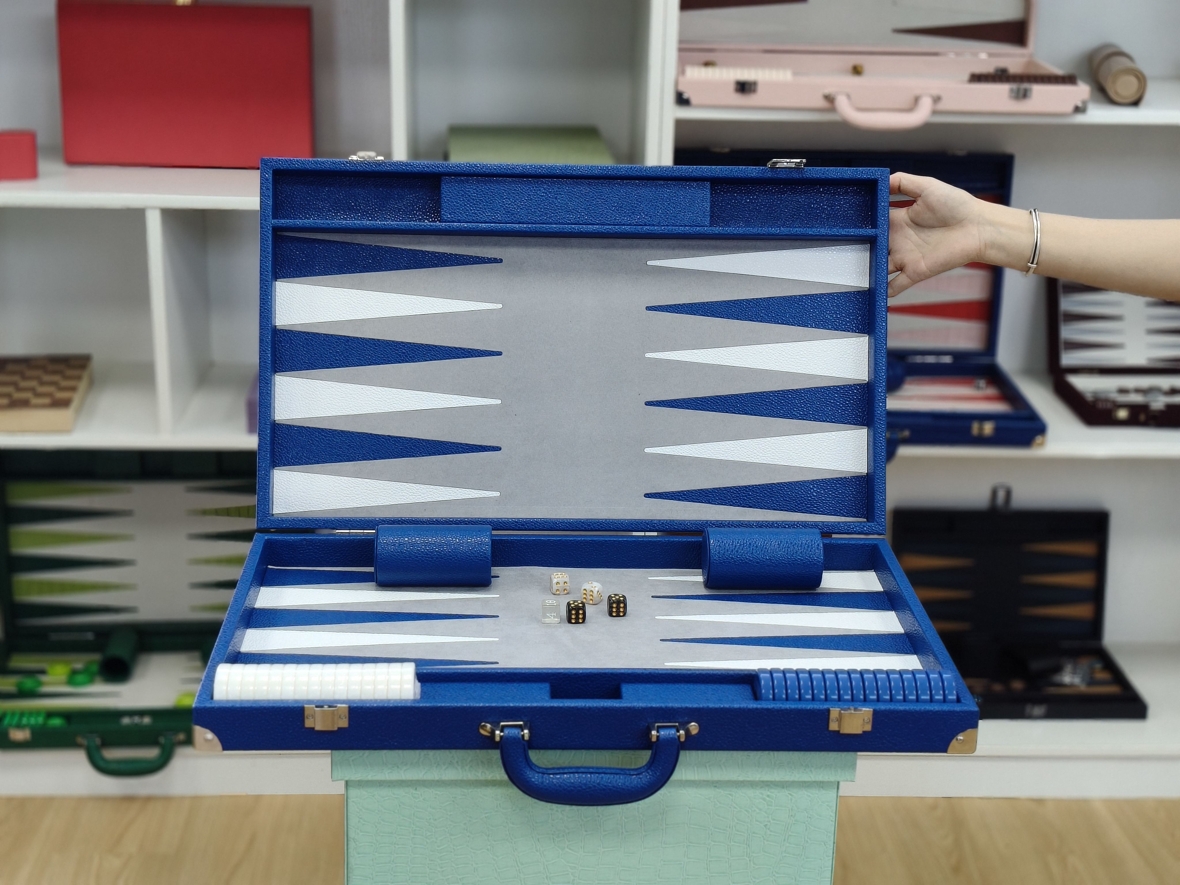 Luxury Custom PU Leather Backgammon Board Game Case with Handle Modern Blue Grey Design OEM Supplier