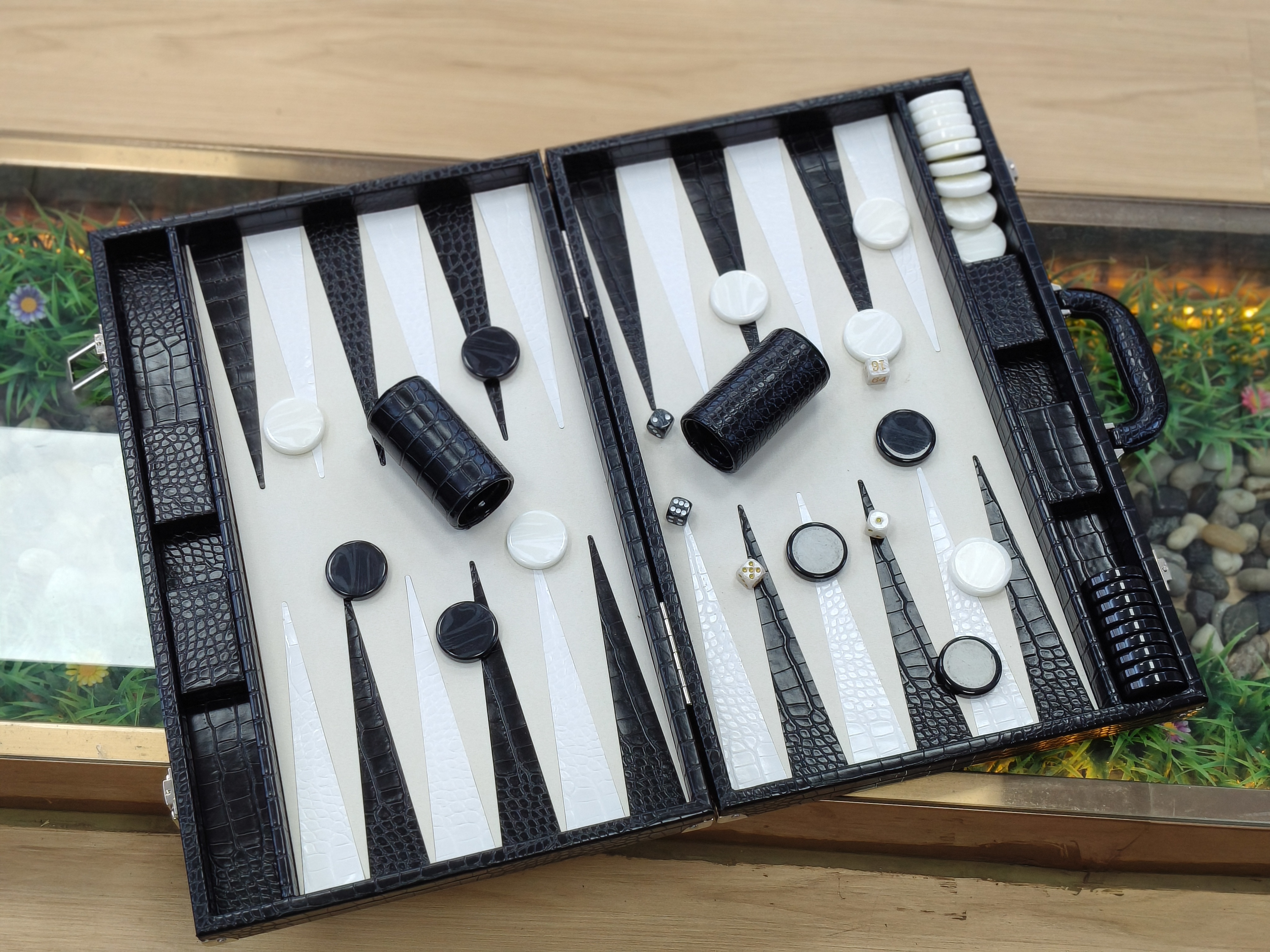 Elegant Black-on-black Design with Premium Crocodile Texture Leather for A Refined And Modern Backgammon Experience