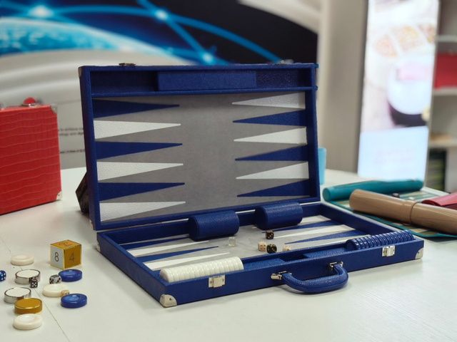 blue and white backgammon set with PU leather and playing surface