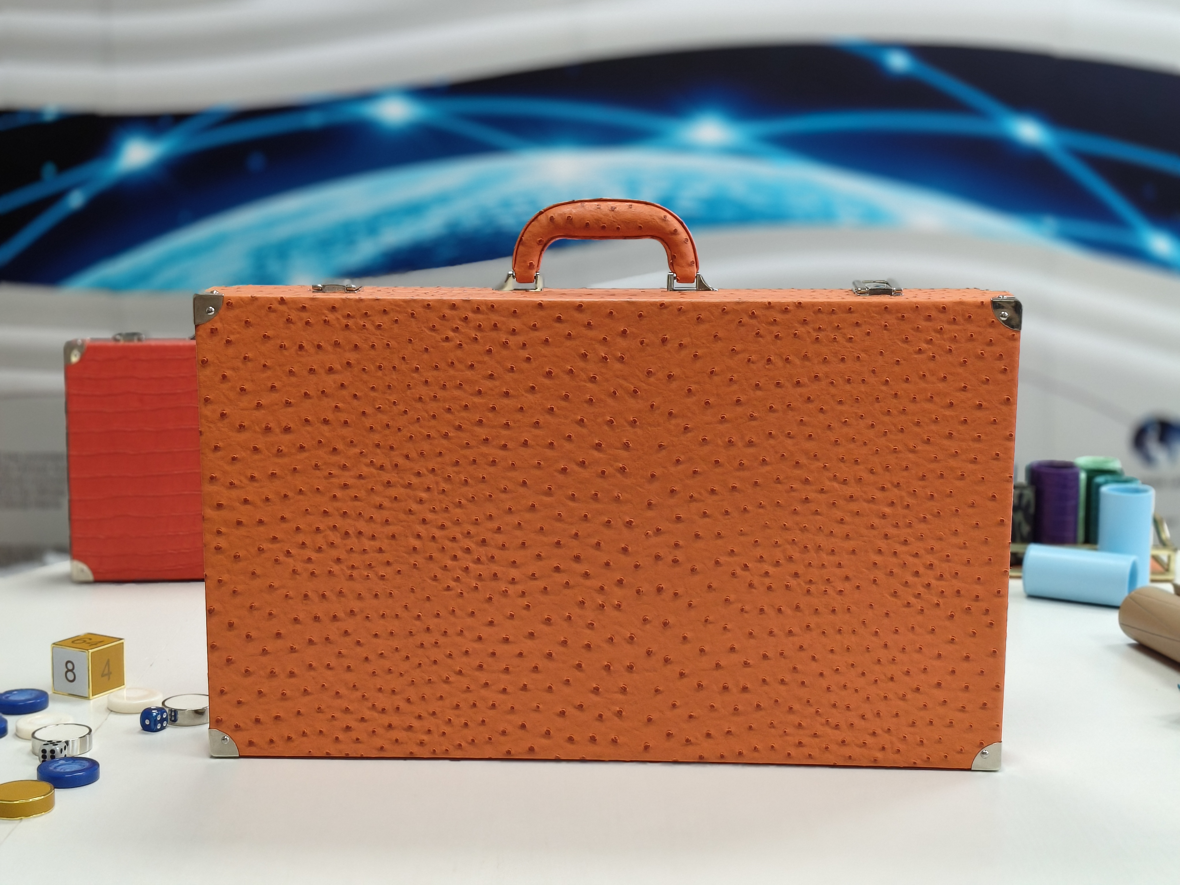 Orange Ostrich Texture Backgammon Set with Green Playing Field | Custom Gift & OEM Solution