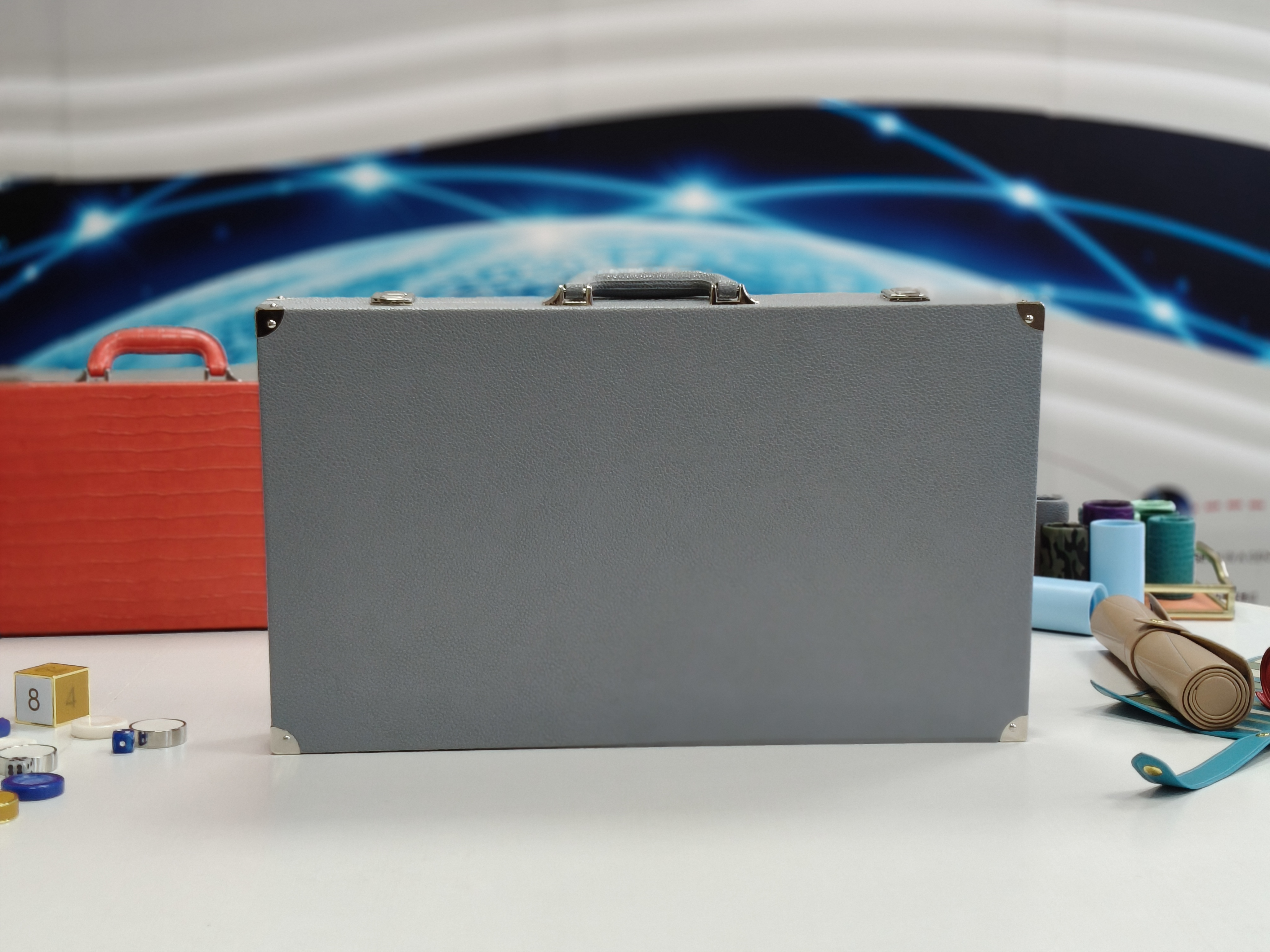 Minimalist Grey Leather Backgammon Set with Classic Blue Points | OEM Board Game Manufacturer