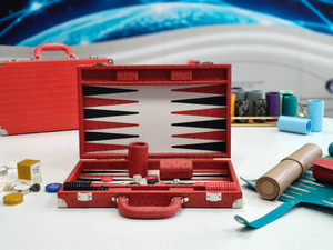 red PU leather backgammon case open black white board