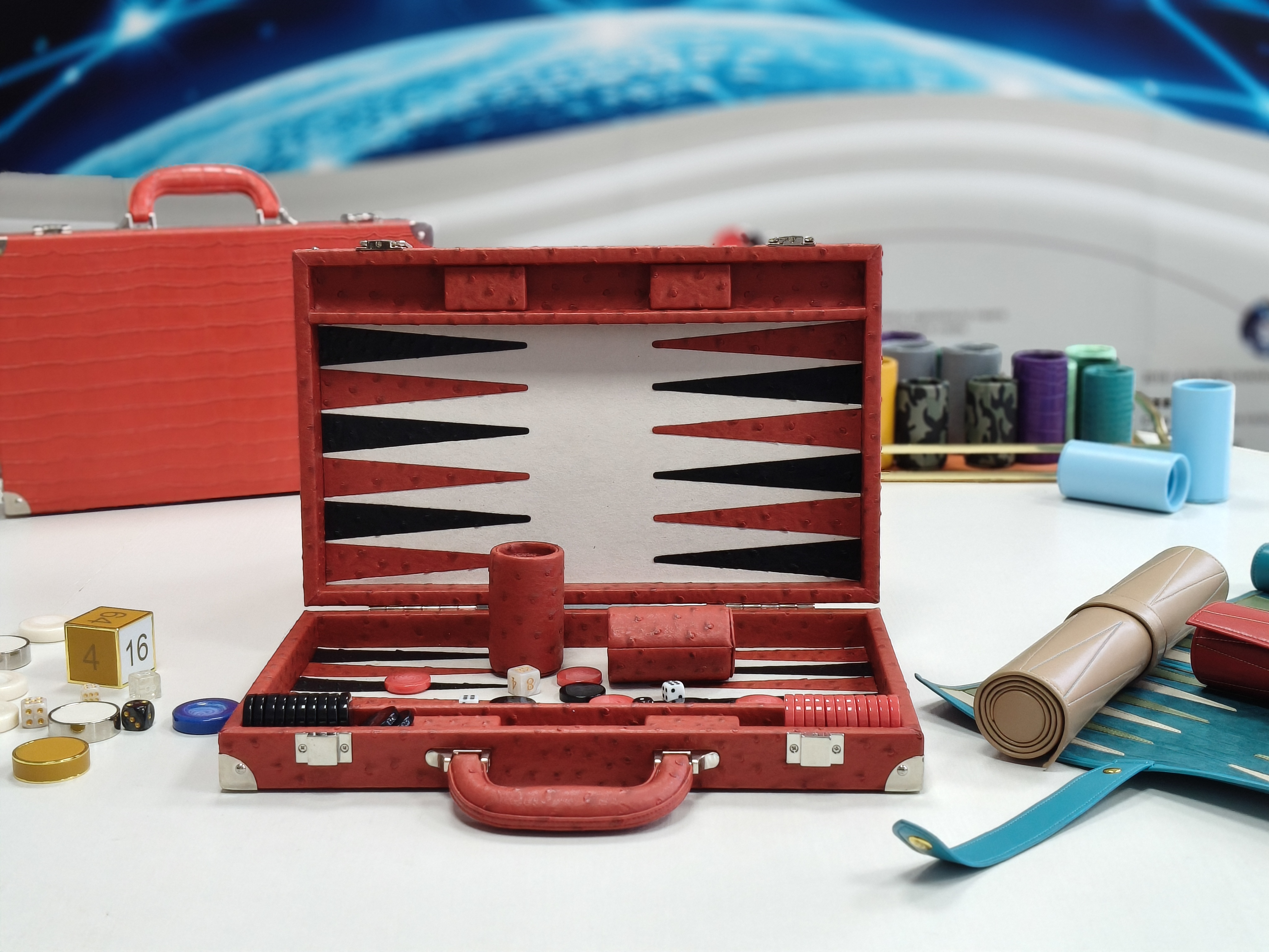 red PU leather backgammon case open black white board