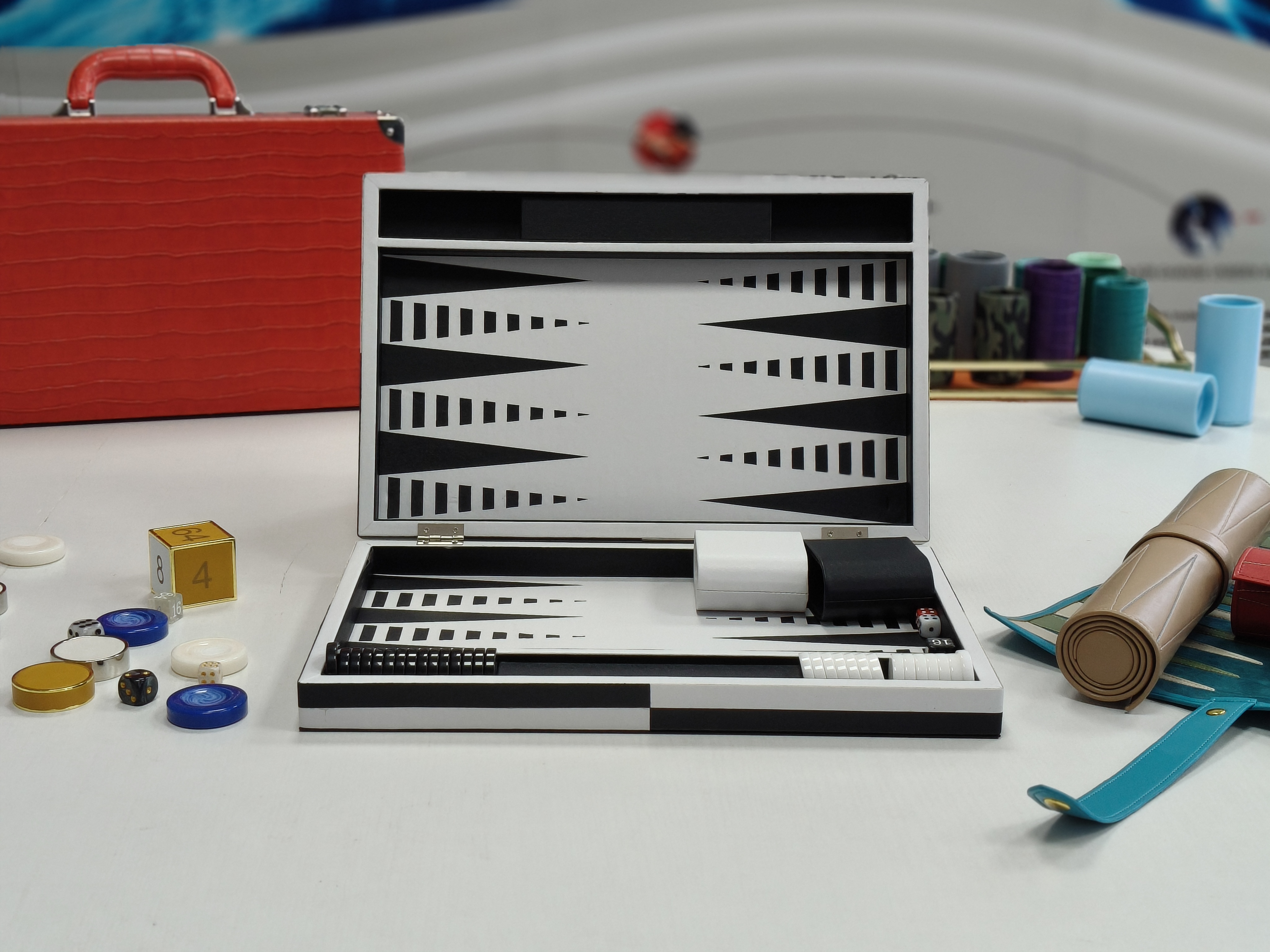 black white minimalist backgammon set PU leather board game with storage