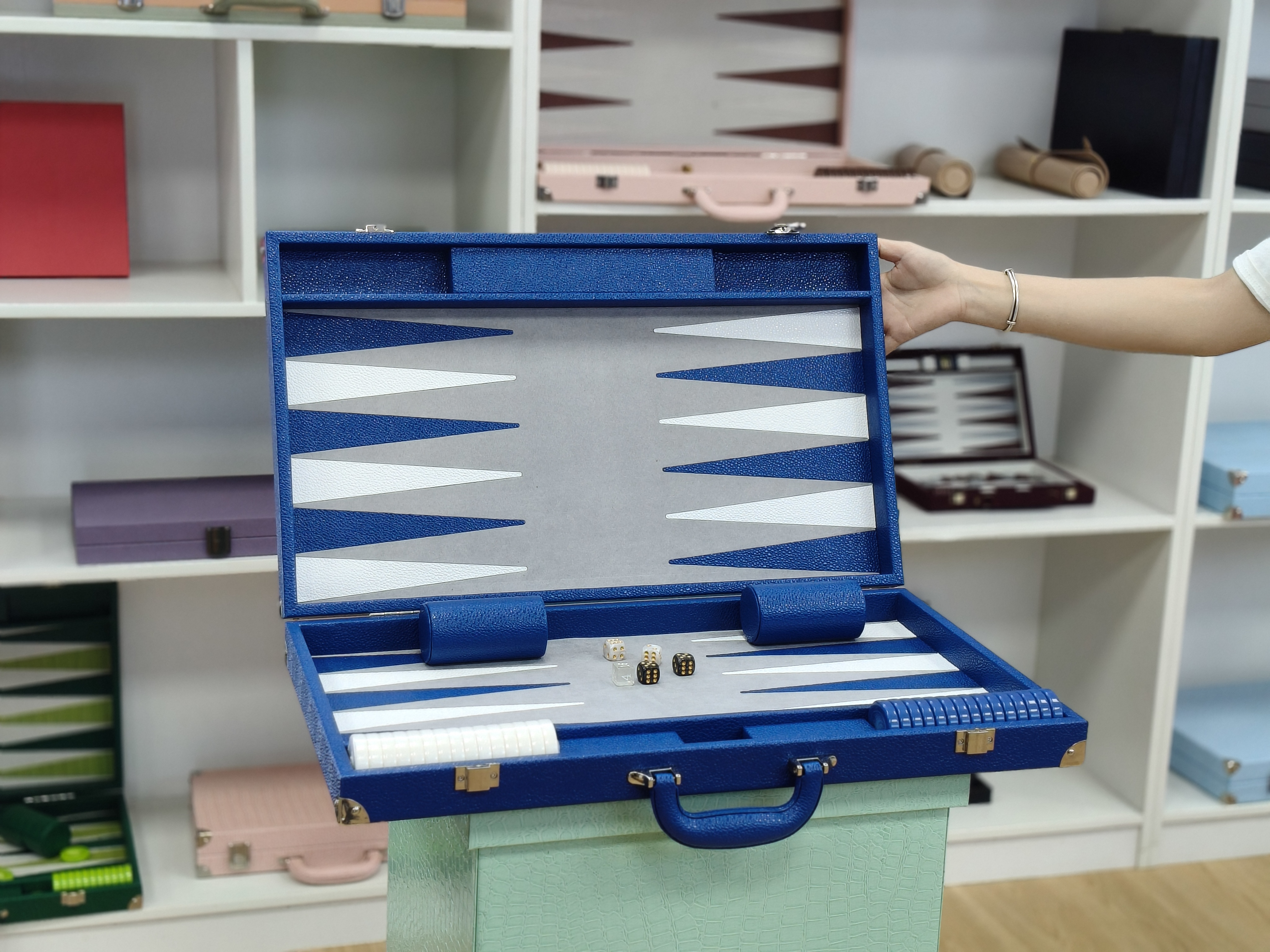 Luxury Custom PU Leather Backgammon Board Game Case with Handle Modern Blue Grey Design OEM Supplier