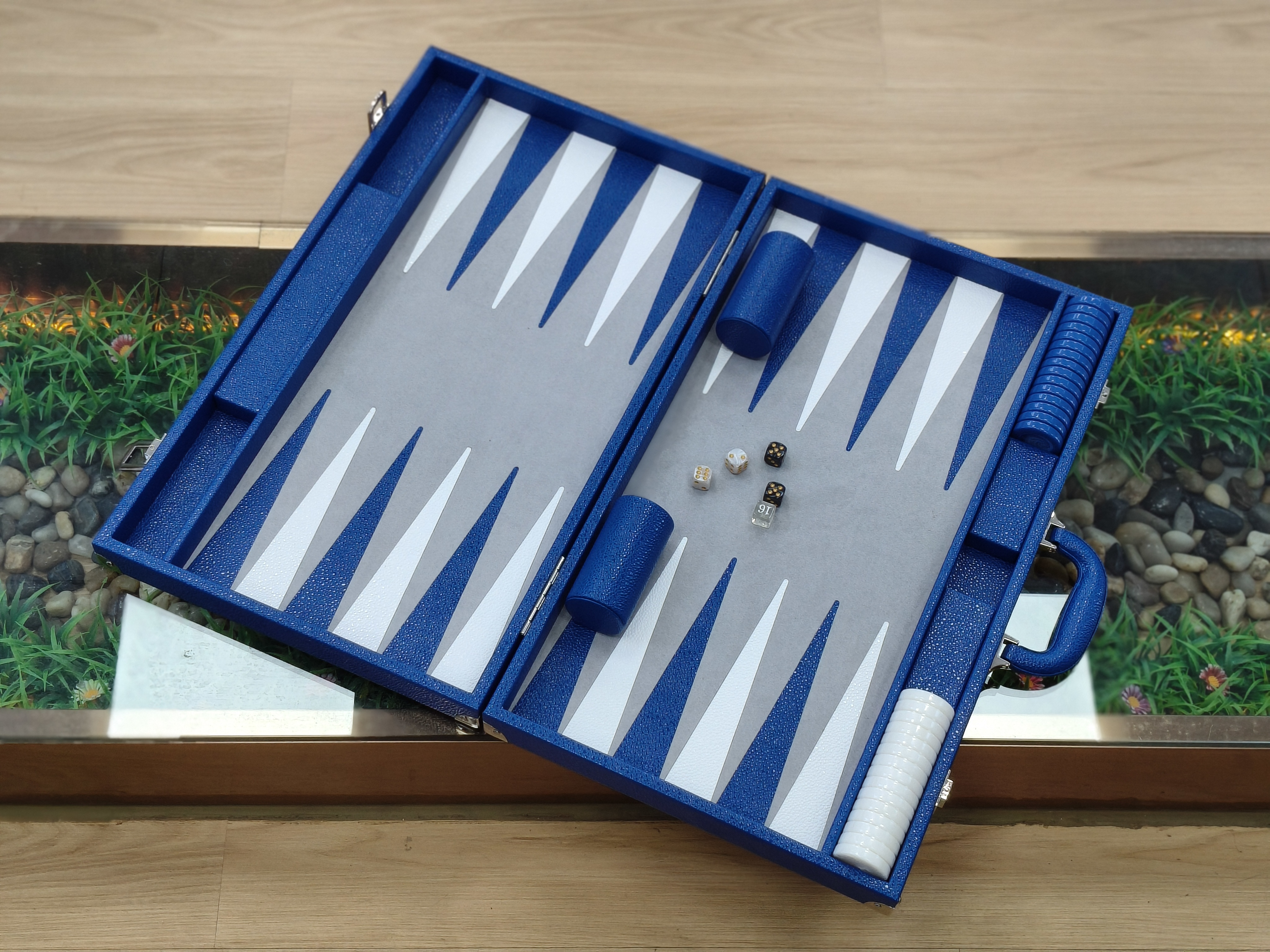 Luxury Custom PU Leather Backgammon Board Game Case with Handle Modern Blue Grey Design OEM Supplier